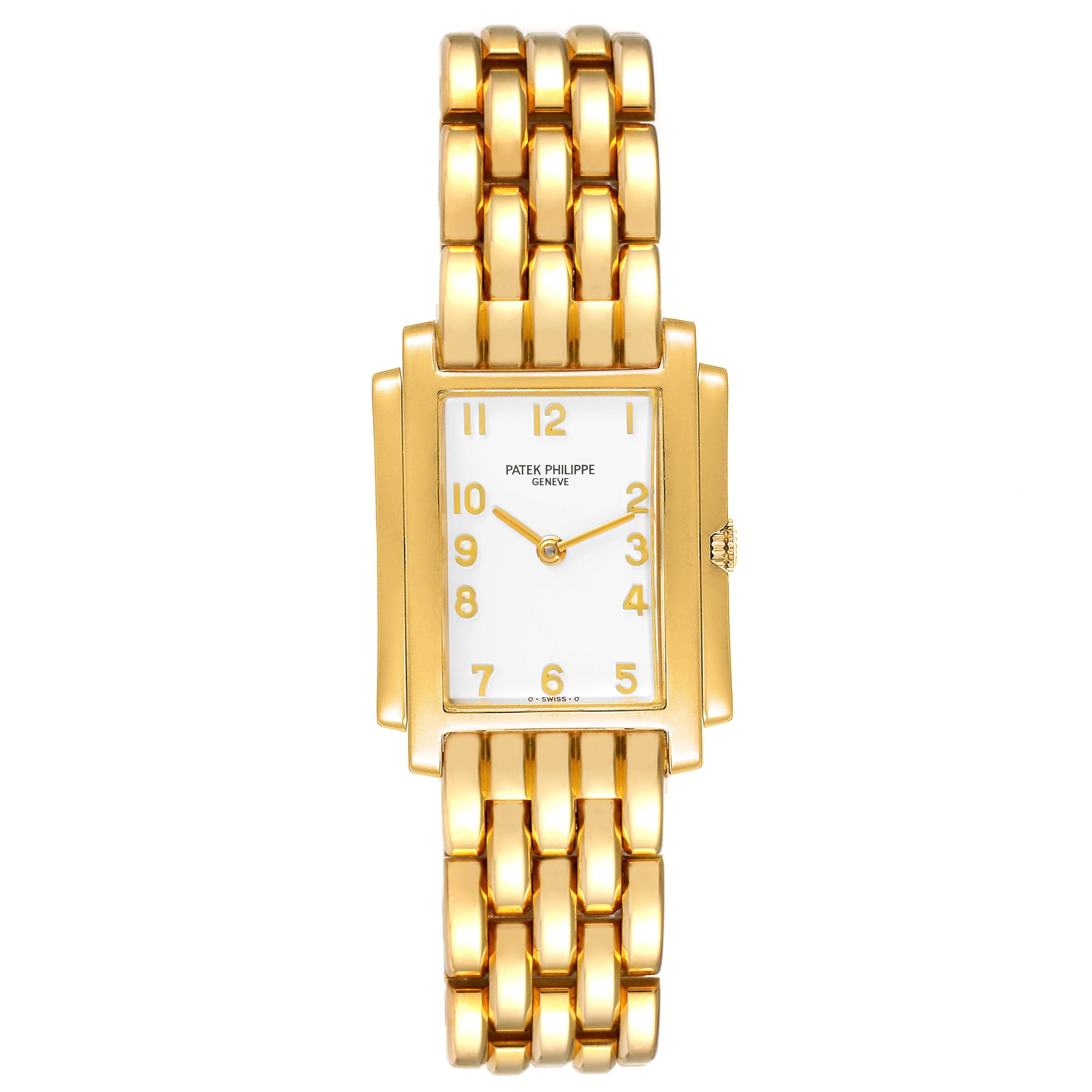 The image shows a front view of the Patek Philippe Gondolo 4824 Women's Yellow Gold White Dial 4824 Women's Yellow Gold White Dial watch with a gold bracelet and rectangular face.