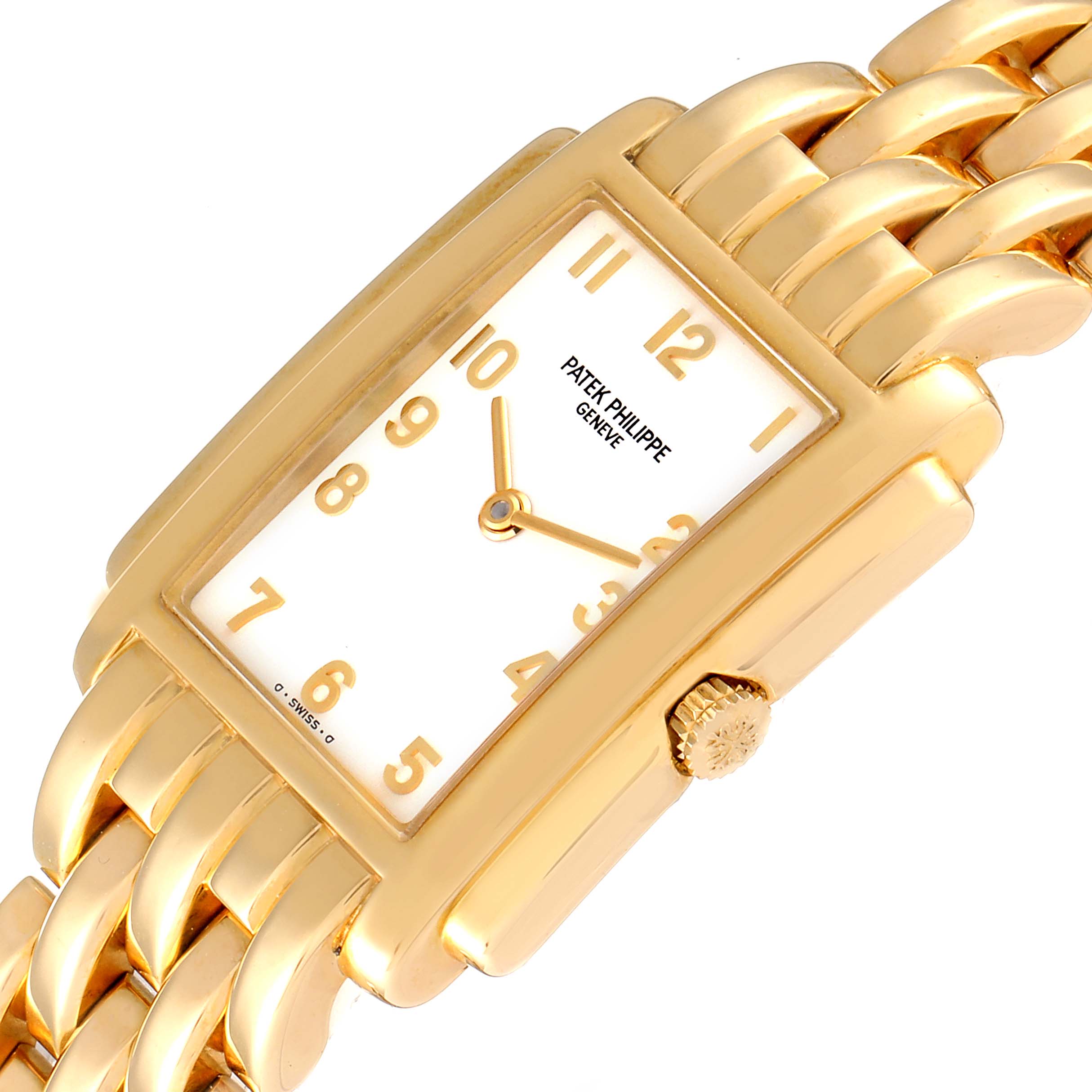 The Patek Philippe Gondolo 4824 Women's Yellow Gold White Dial 4824 Women's Yellow Gold White Dial watch is shown from an angled top view, displaying its white dial, gold case, and crown.