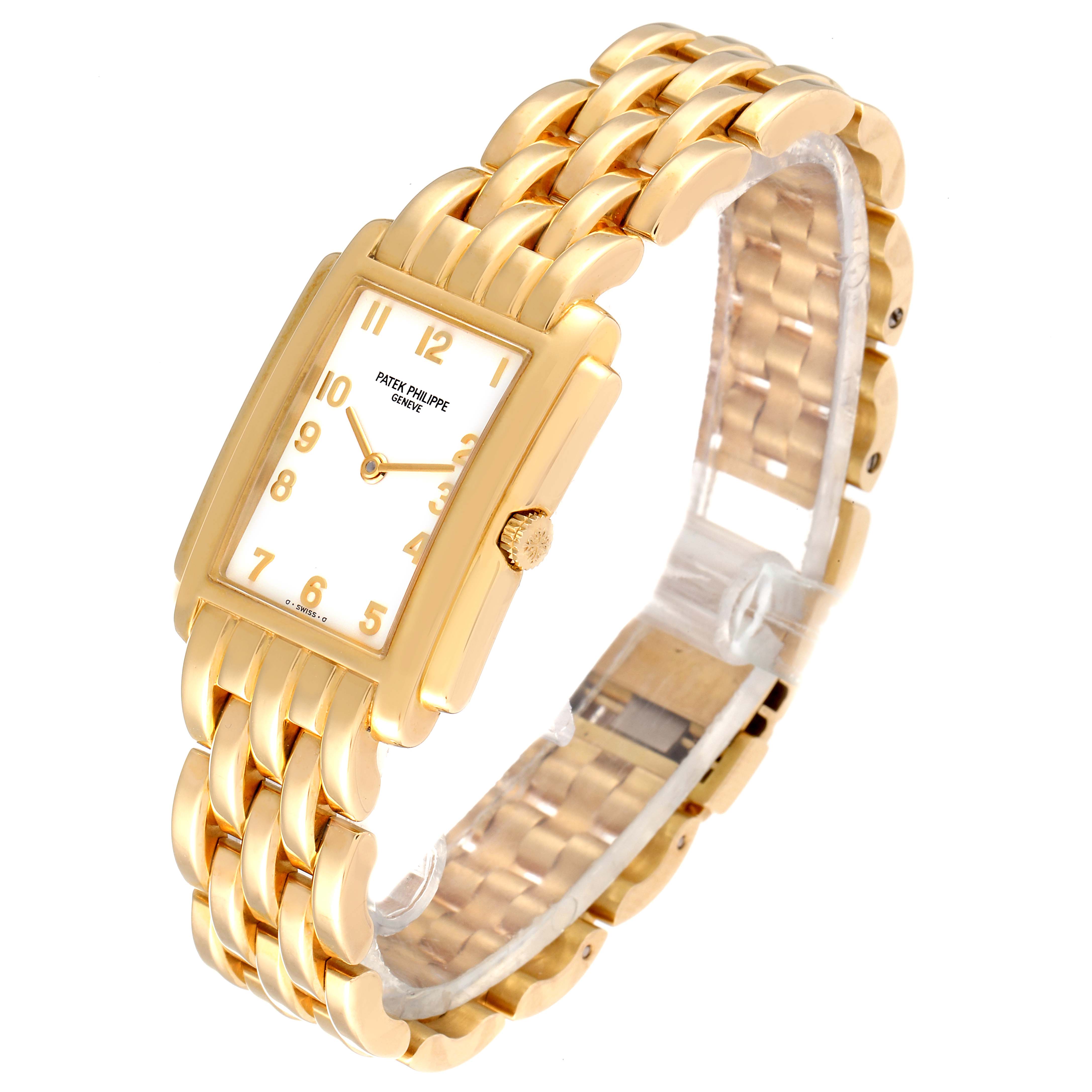 The image shows a Patek Philippe Gondolo 4824 Women's Yellow Gold White Dial 4824 Women's Yellow Gold White Dial watch at a side angle, showcasing its gold bracelet, rectangular dial, and crown.