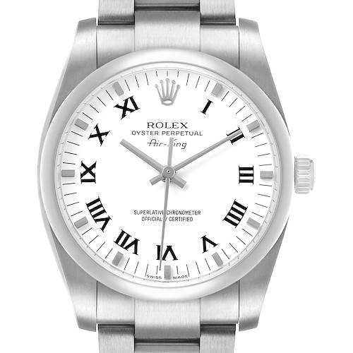 The Rolex Air-King 114200 Men's Stainless Steel White Dial watch is shown from a front angle, highlighting the dial, bezel, crown, and part of the bracelet.