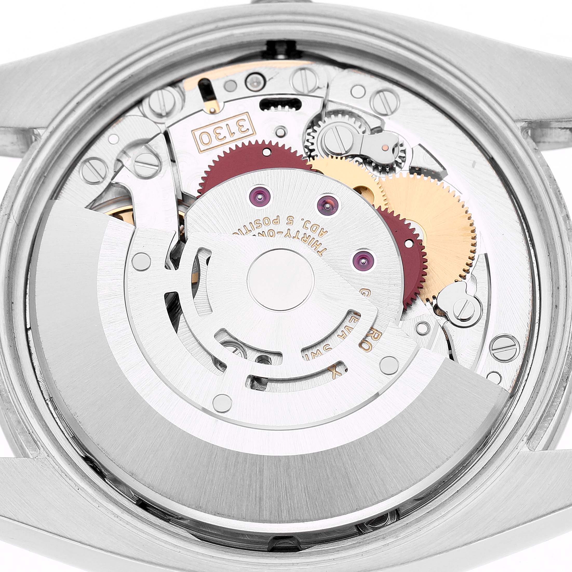The image shows the Rolex Air-King 114200 Men's Stainless Steel White Dial's movement mechanism from a rear, open caseback angle, revealing gears and components.