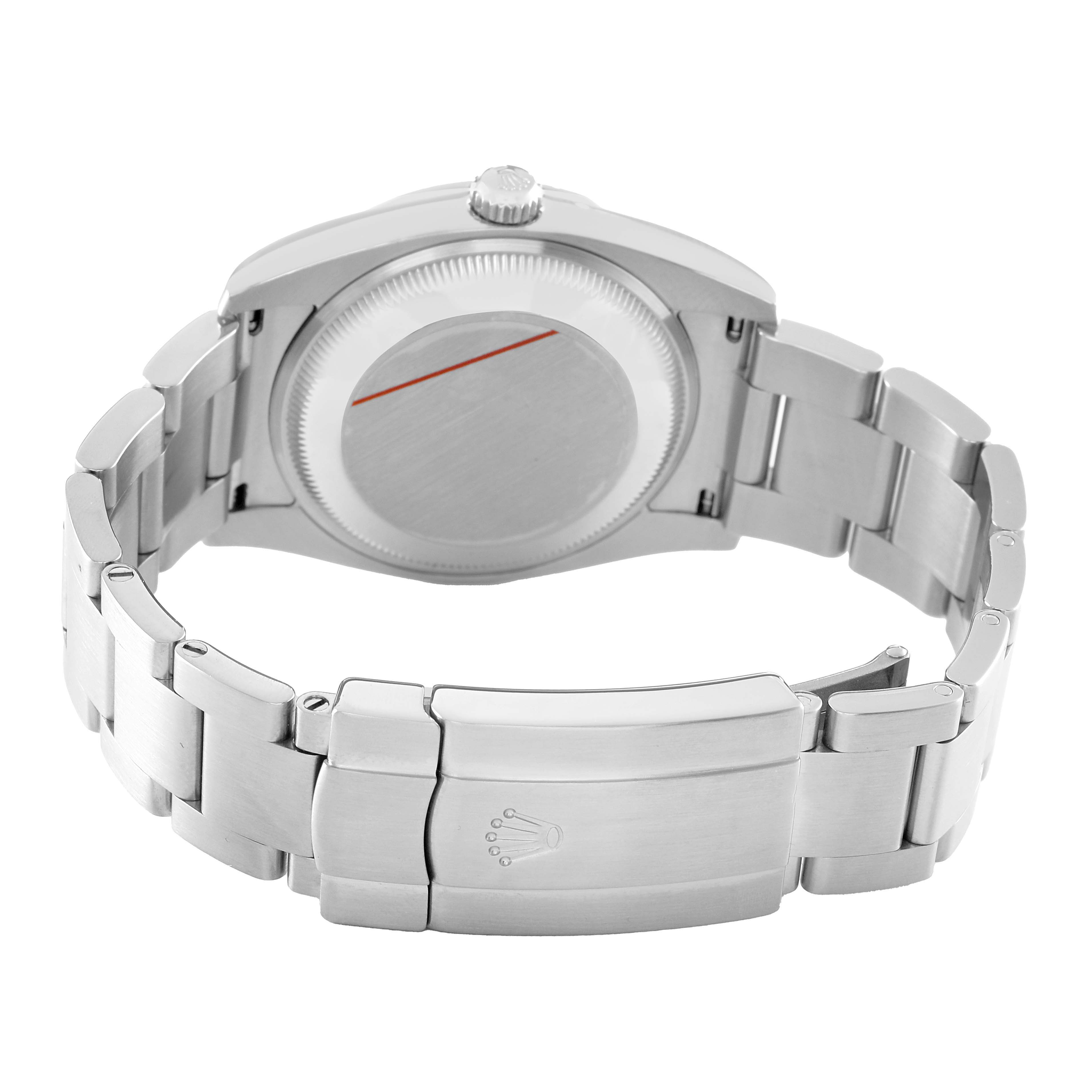 The image shows the back and bracelet of the Rolex Air-King 114200 Men's Stainless Steel White Dial, highlighting the clasp and case back.