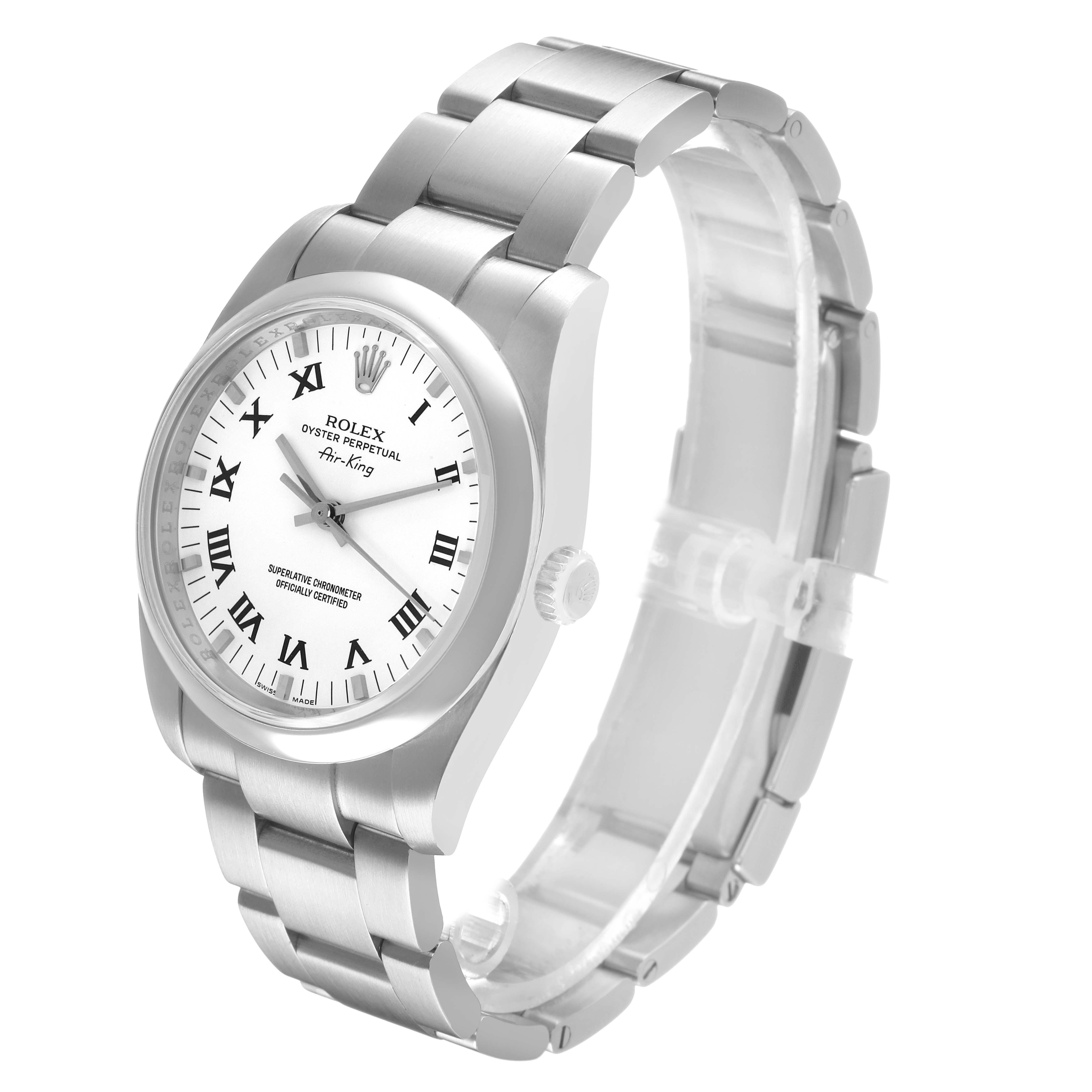 The Rolex Air-King 114200 Men's Stainless Steel White Dial watch is shown at a three-quarter angle, displaying the face, bracelet, and crown.