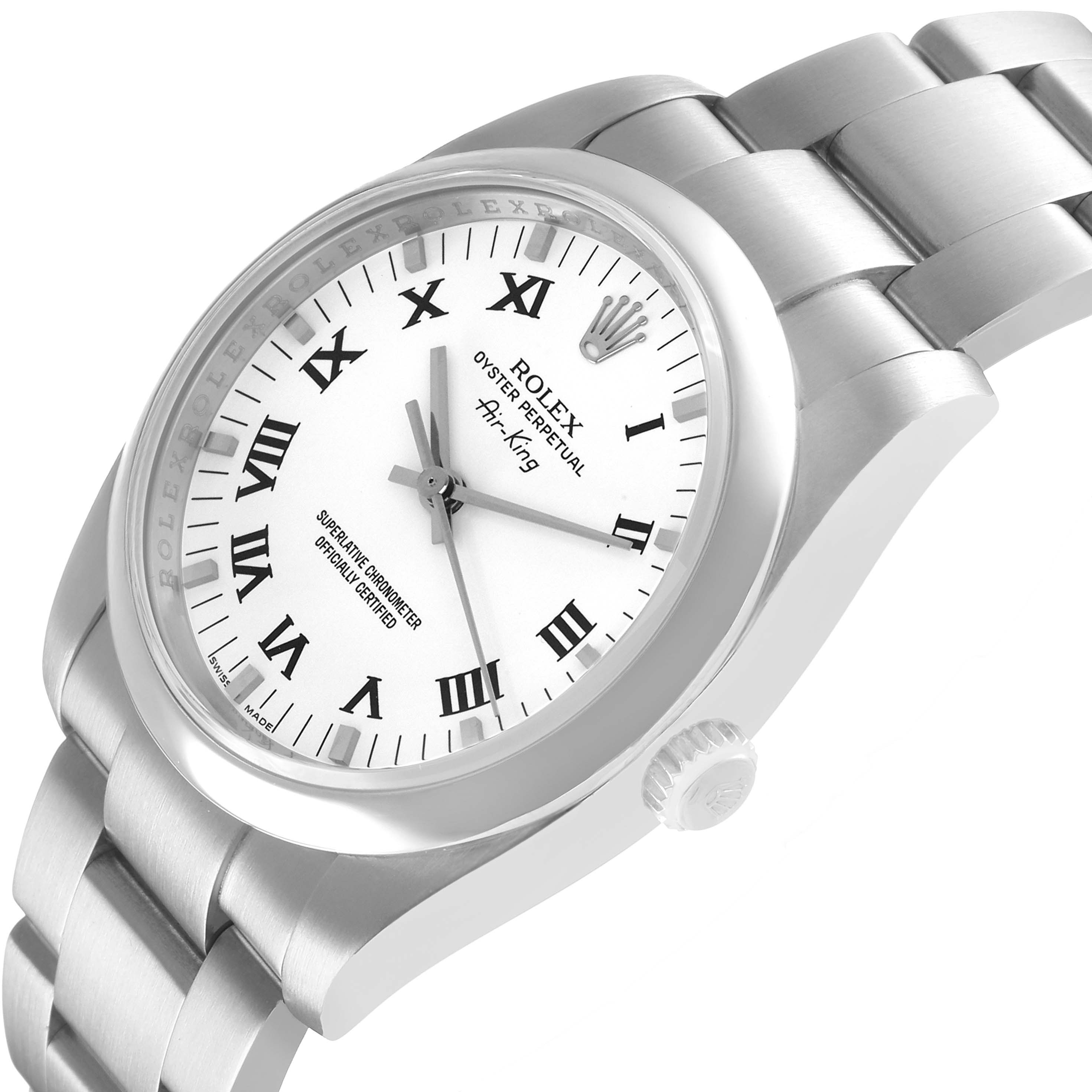 The Rolex Air-King 114200 Men's Stainless Steel White Dial watch is shown at an angle highlighting its face, crown, and part of the bracelet.