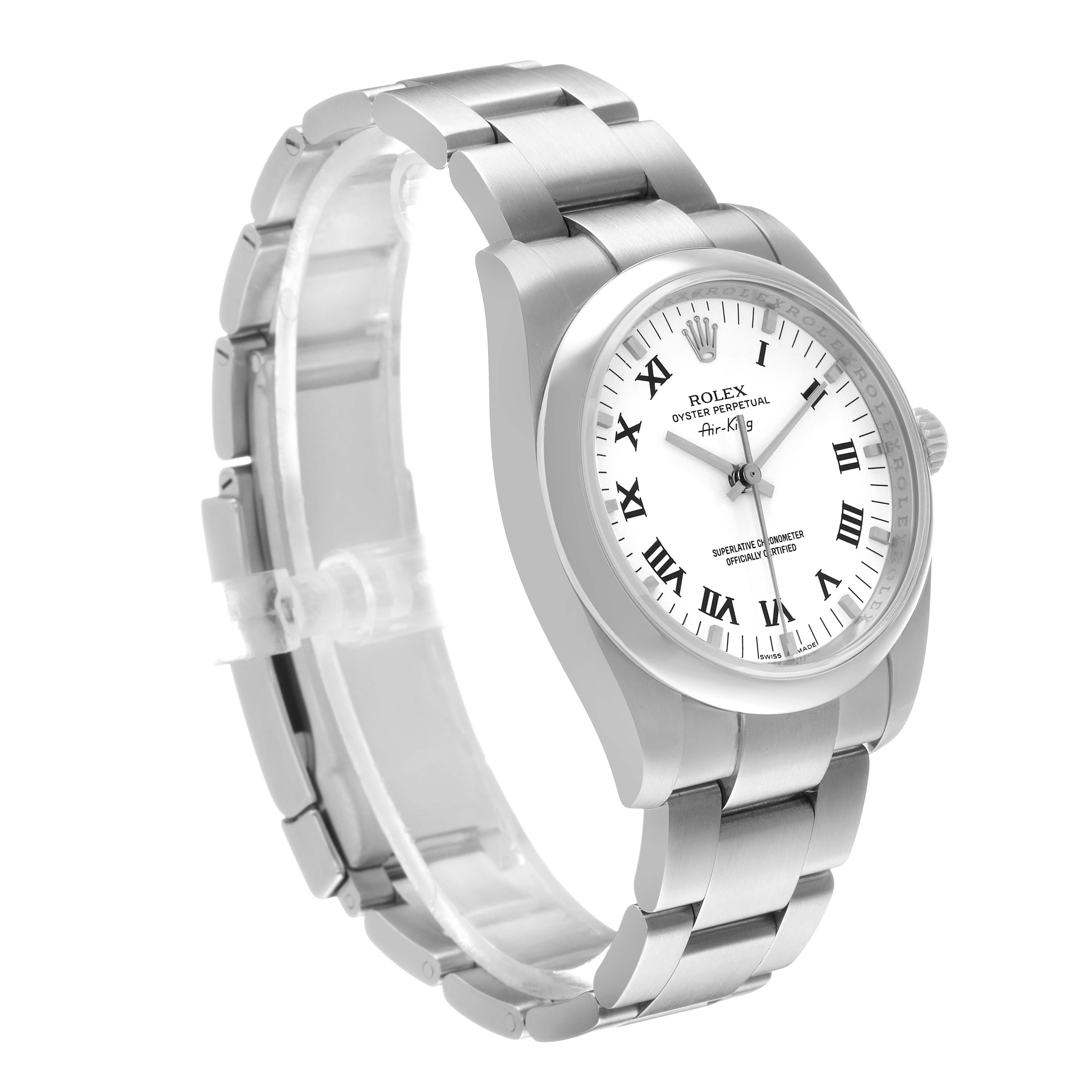 The Rolex Air-King 114200 Men's Stainless Steel White Dial watch is shown at a slight angle, highlighting the bracelet and face with Roman numerals.