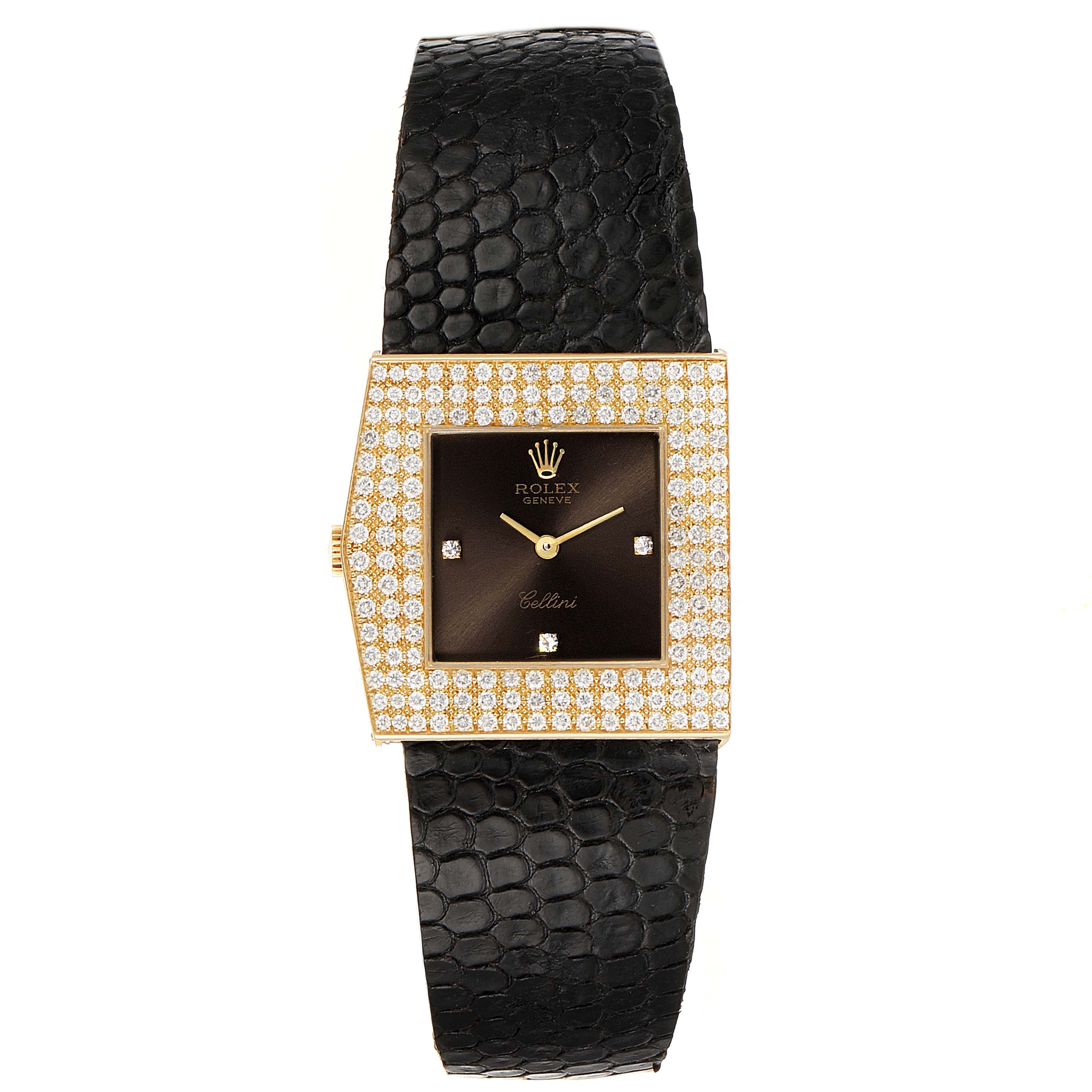 The image shows a frontal view of a Rolex Cellini 4031 Men's Yellow Gold Grey Dial 4031 Men's Yellow Gold Grey Dial watch with a leather strap, jeweled bezel, and black dial.