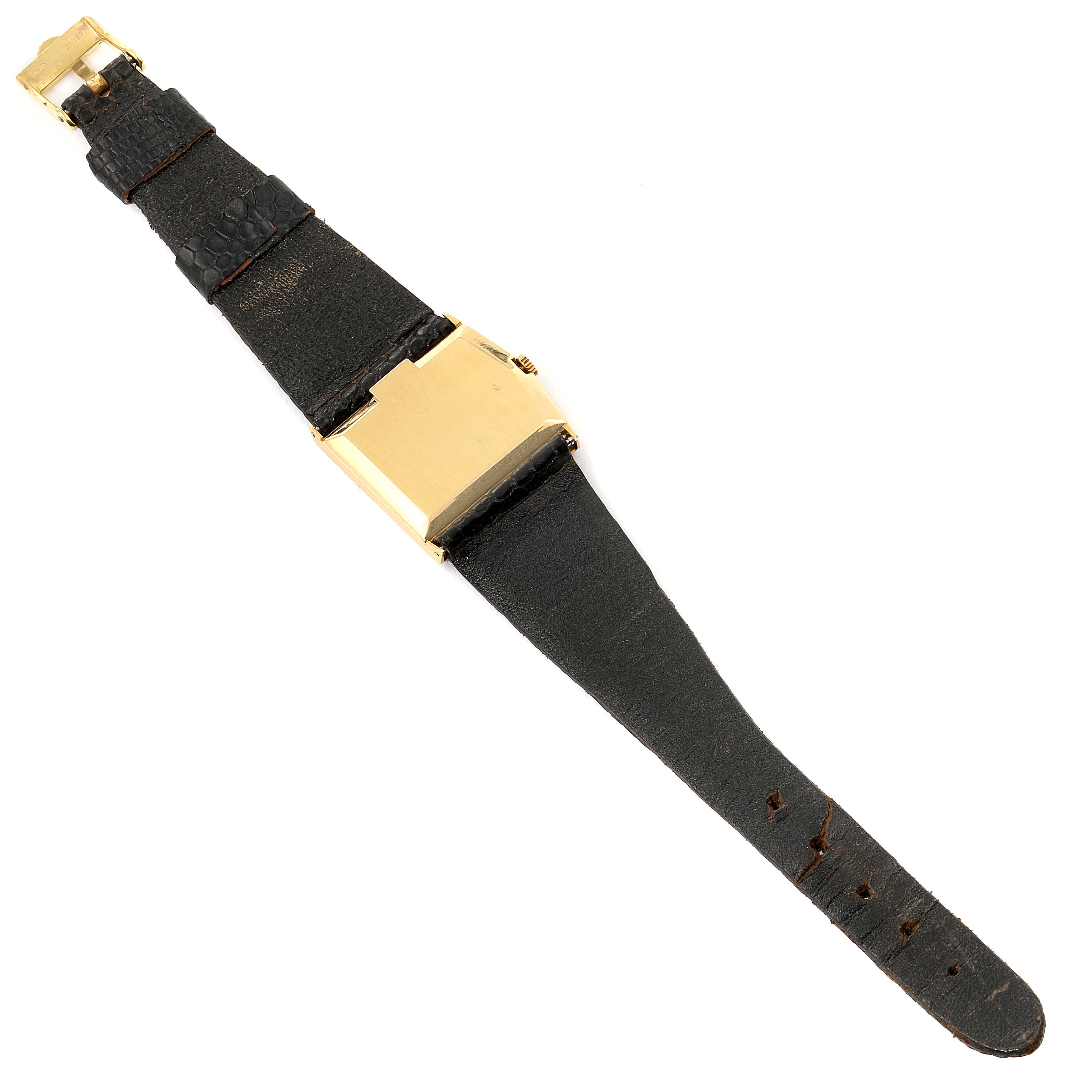 The image shows the back of a Rolex Cellini 4031 Men's Yellow Gold Grey Dial 4031 Men's Yellow Gold Grey Dial watch, including its gold case and black leather strap with buckle.