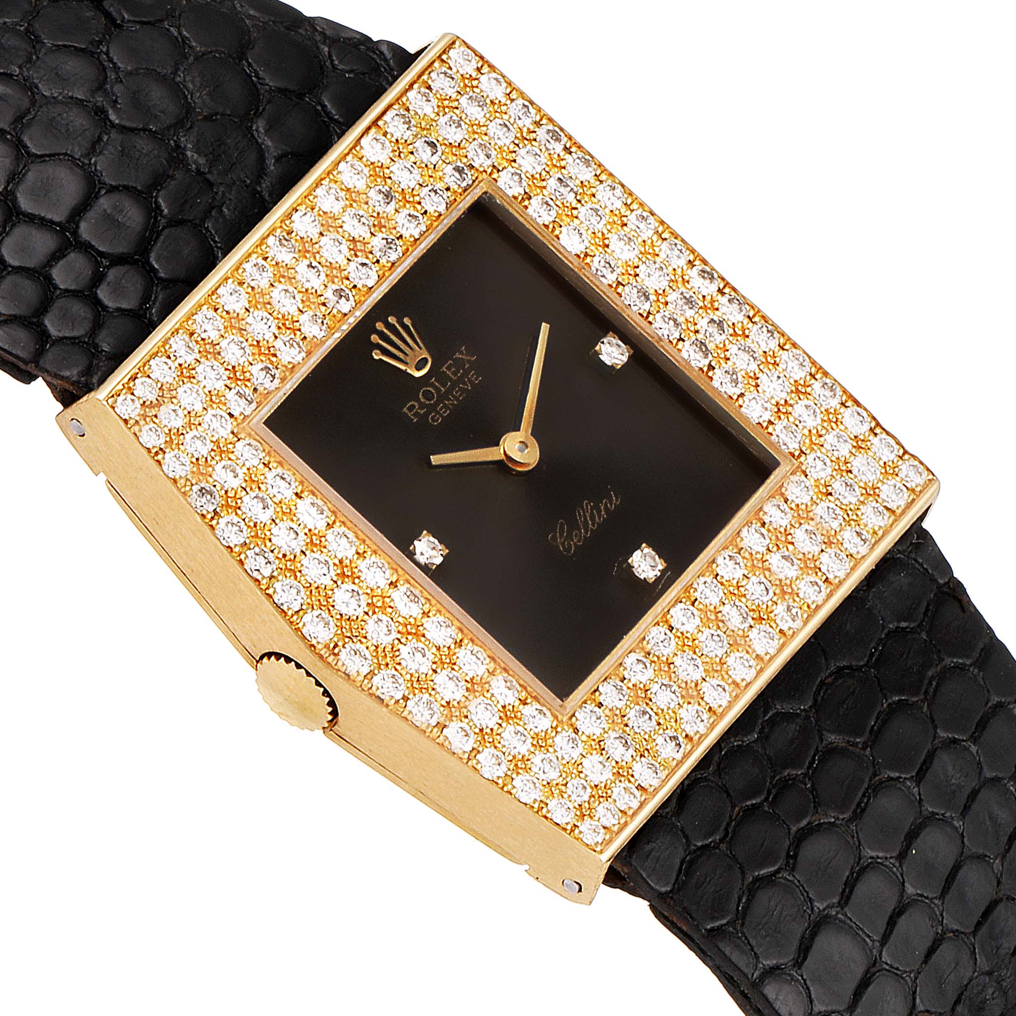 This image shows a Rolex Cellini 4031 Men's Yellow Gold Grey Dial 4031 Men's Yellow Gold Grey Dial watch at a slight angle, highlighting its diamond-encrusted bezel, gold case, and black leather strap.