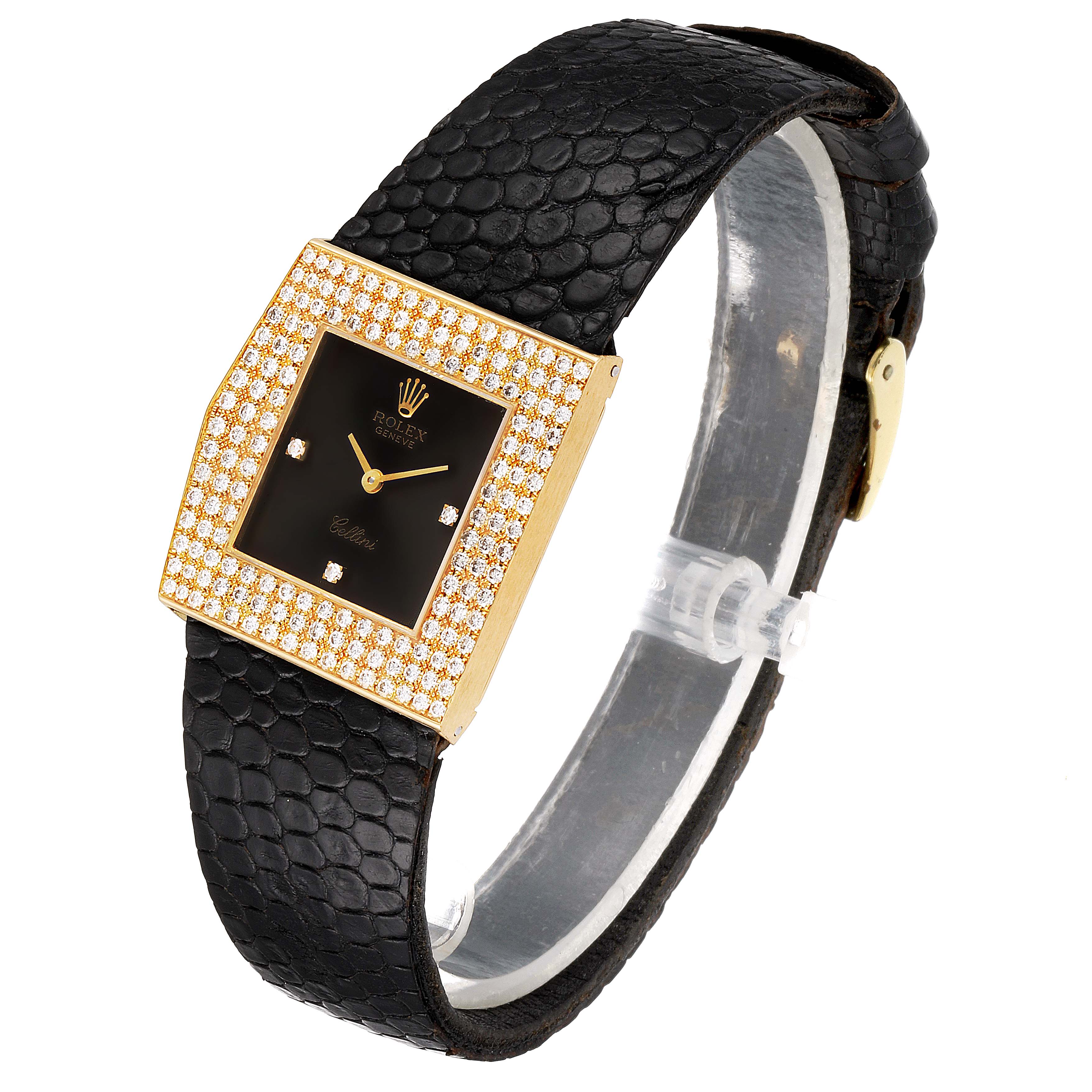 This image shows a Rolex Cellini 4031 Men's Yellow Gold Grey Dial 4031 Men's Yellow Gold Grey Dial watch with a black dial, diamond bezel, and black leather strap, angled from the front and above.