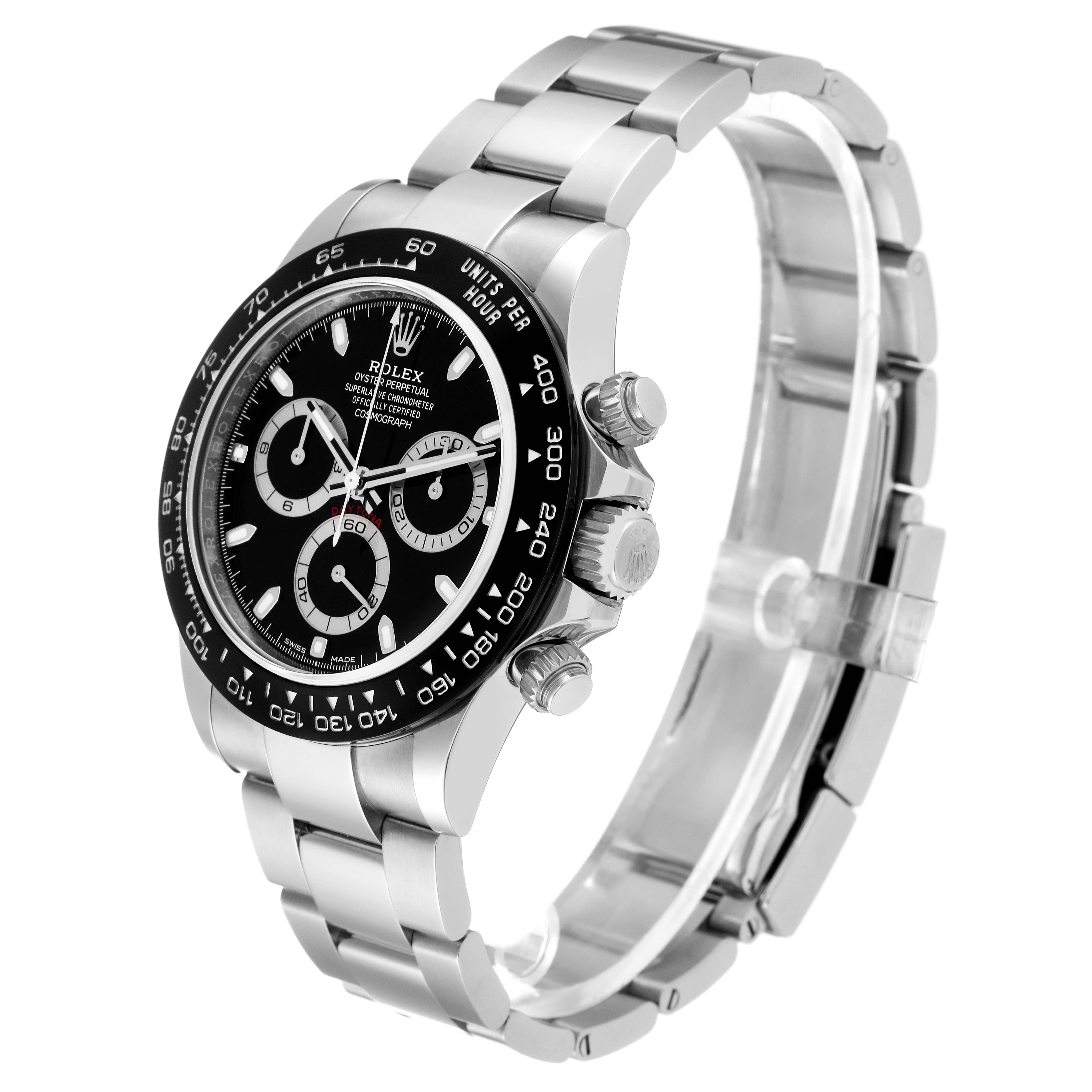 This image shows a Rolex Daytona 116500LN Men's Stainless Steel Black Dial 116500LN Men's Stainless Steel Black Dial watch from an oblique top-down angle, highlighting its dial, bezel, pushers, and bracelet.