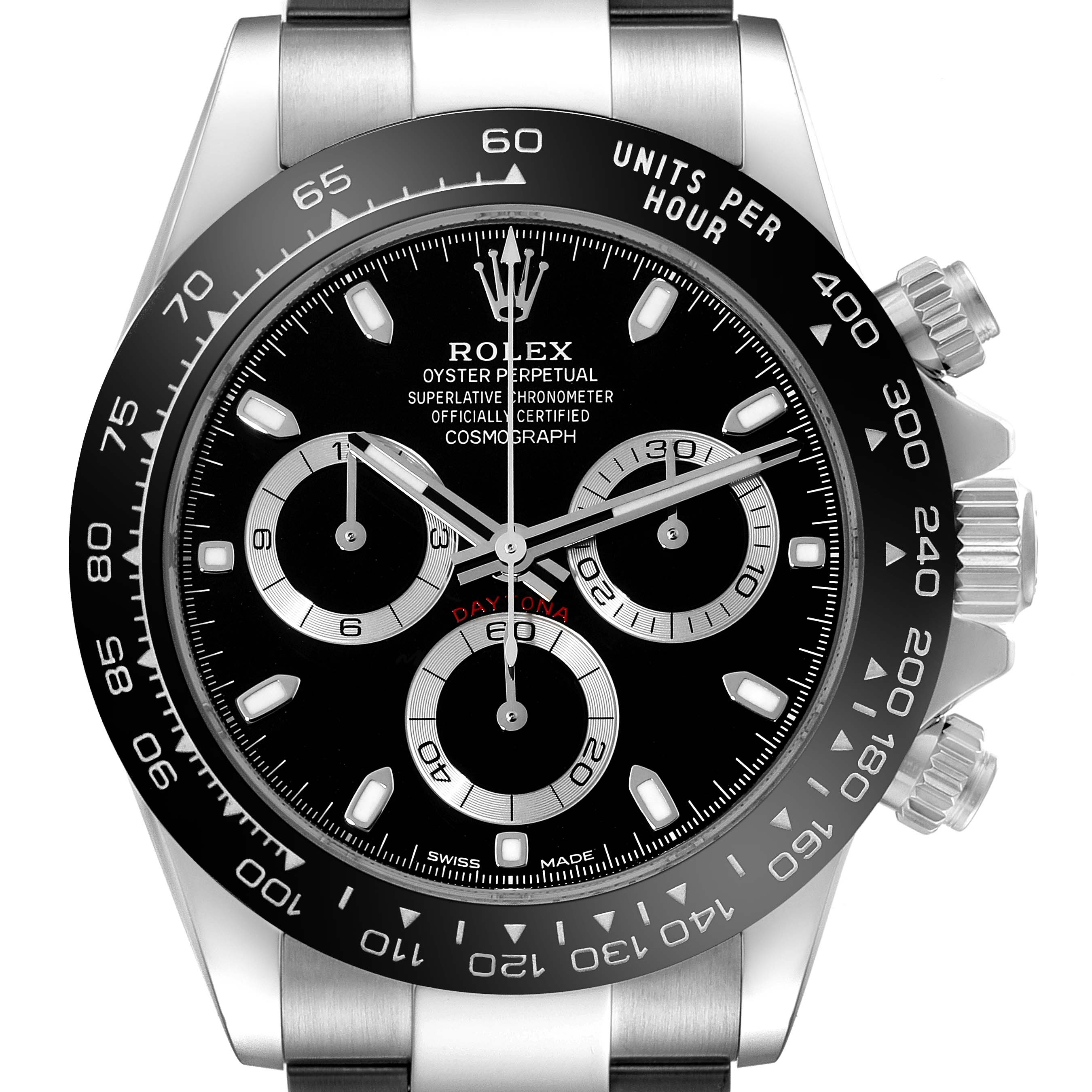 This image shows a frontal close-up of the dial and bezel of a Rolex Daytona 116500LN Men's Stainless Steel Black Dial 116500LN Men's Stainless Steel Black Dial watch.
