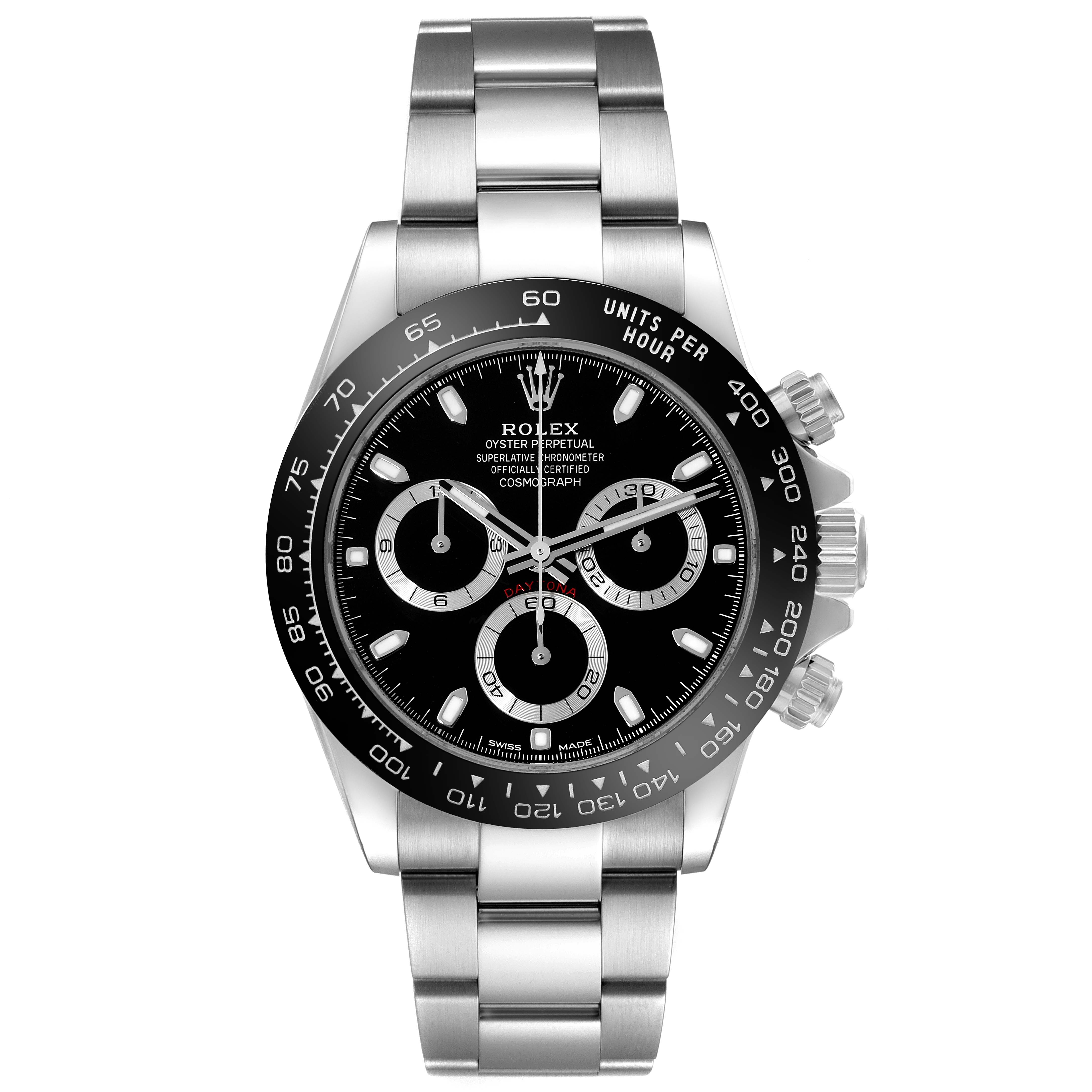 The image shows a front view of the Rolex Daytona 116500LN Men's Stainless Steel Black Dial 116500LN Men's Stainless Steel Black Dial watch, displaying the dial, bezel, bracelet, and chronograph pushers.