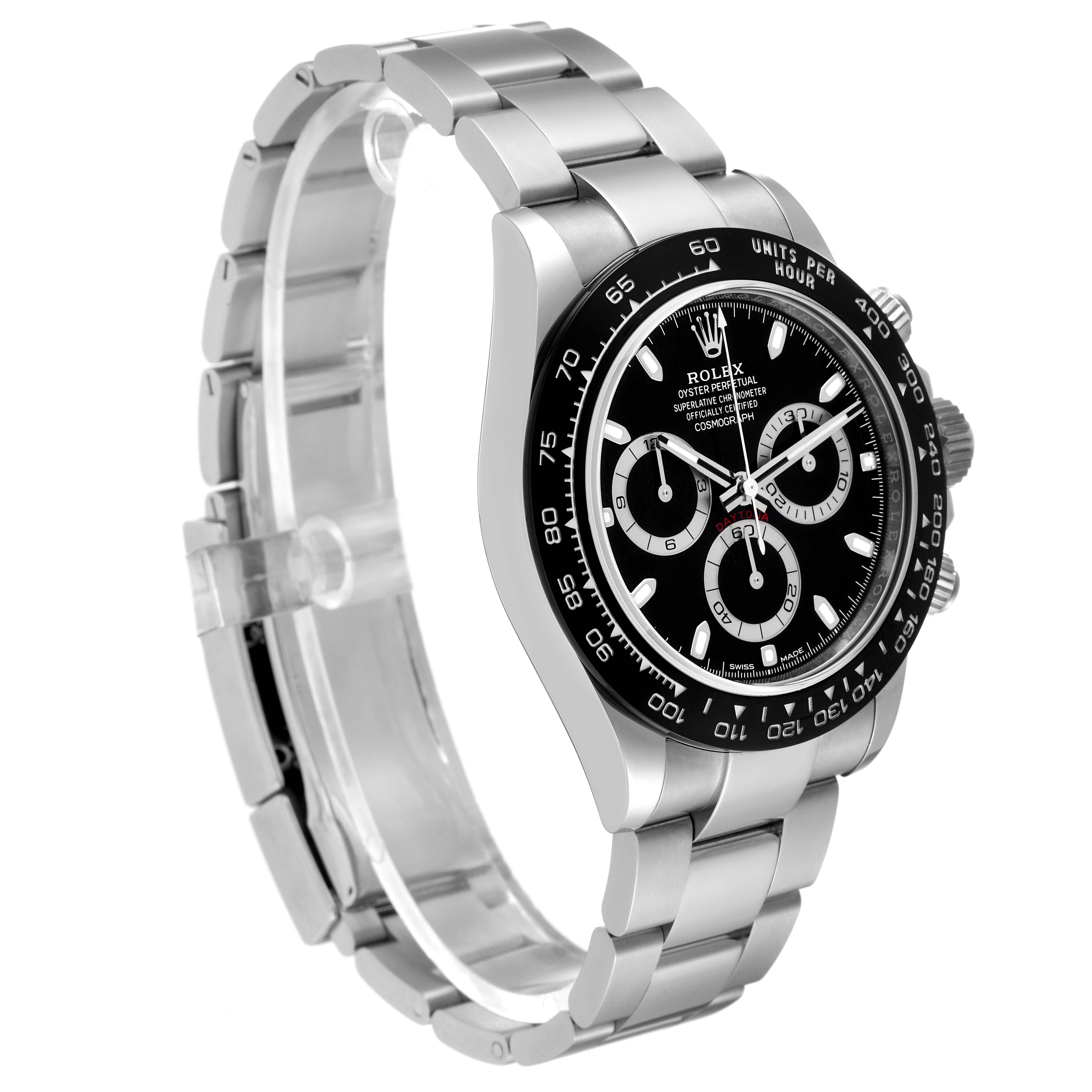 The Rolex Daytona 116500LN Men's Stainless Steel Black Dial 116500LN Men's Stainless Steel Black Dial watch is shown at a slight angle, highlighting its face, bezel, and bracelet.