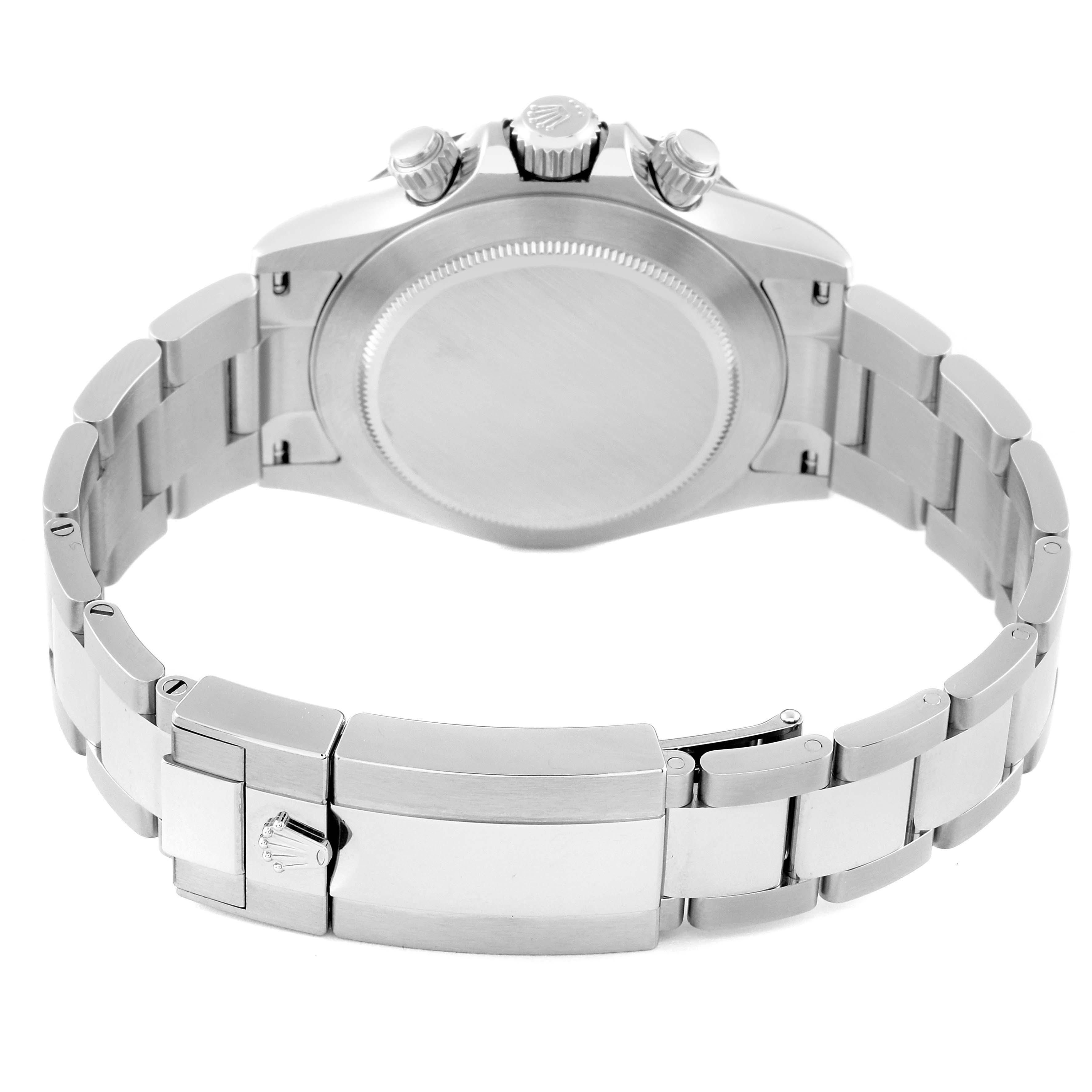 The image shows the back view and bracelet clasp of a Rolex Daytona 116500LN Men's Stainless Steel Black Dial 116500LN Men's Stainless Steel Black Dial watch.