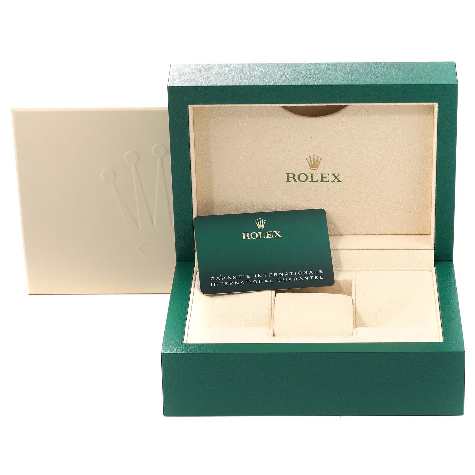 The image shows the Rolex Daytona 116500LN Men's Stainless Steel Black Dial 116500LN Men's Stainless Steel Black Dial model's box, open to reveal the interior and the international guarantee card.