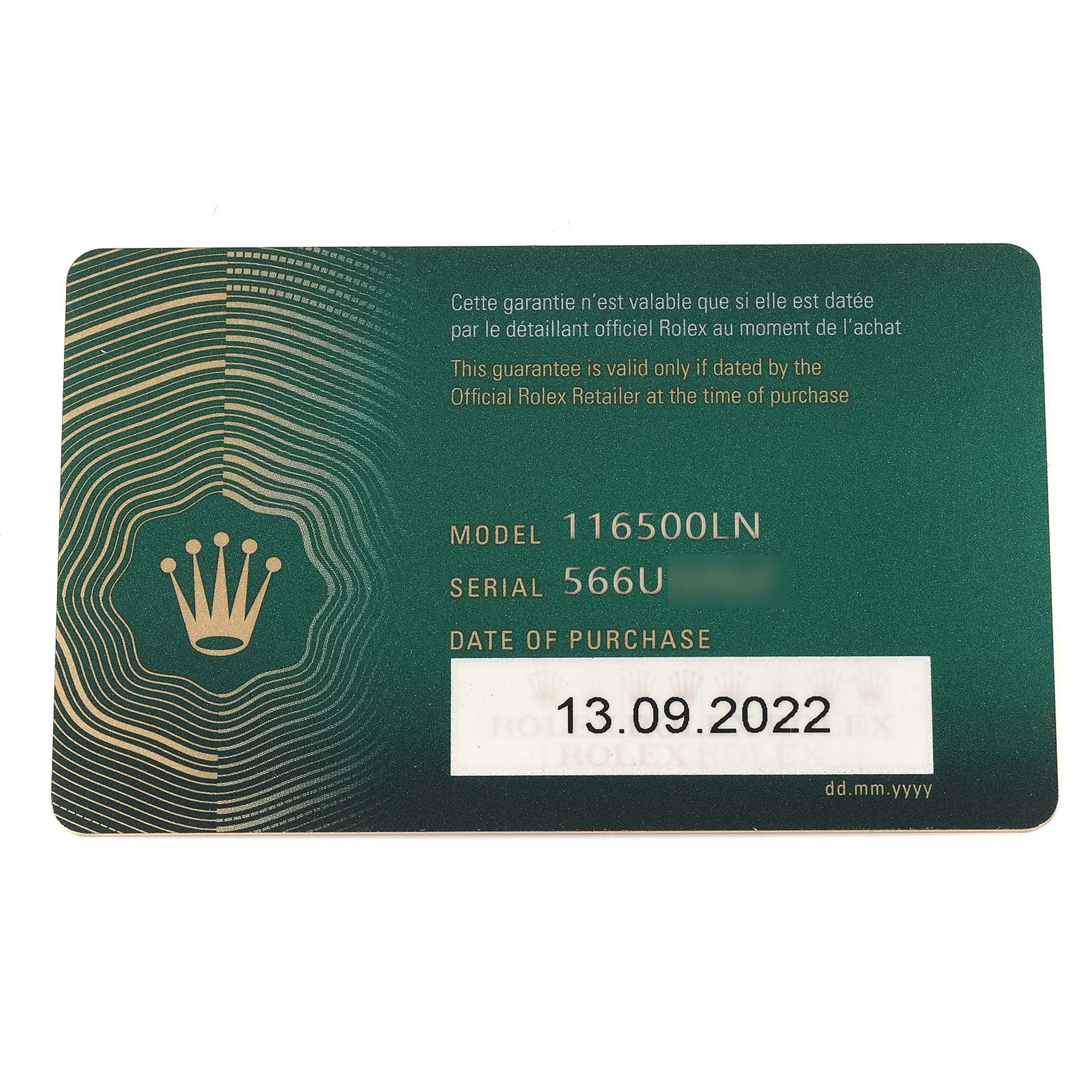 This image shows a warranty card for a Rolex Daytona 116500LN Men's Stainless Steel Black Dial 116500LN Men's Stainless Steel Black Dial model 116500LN with the purchase date 13.09.2022.
