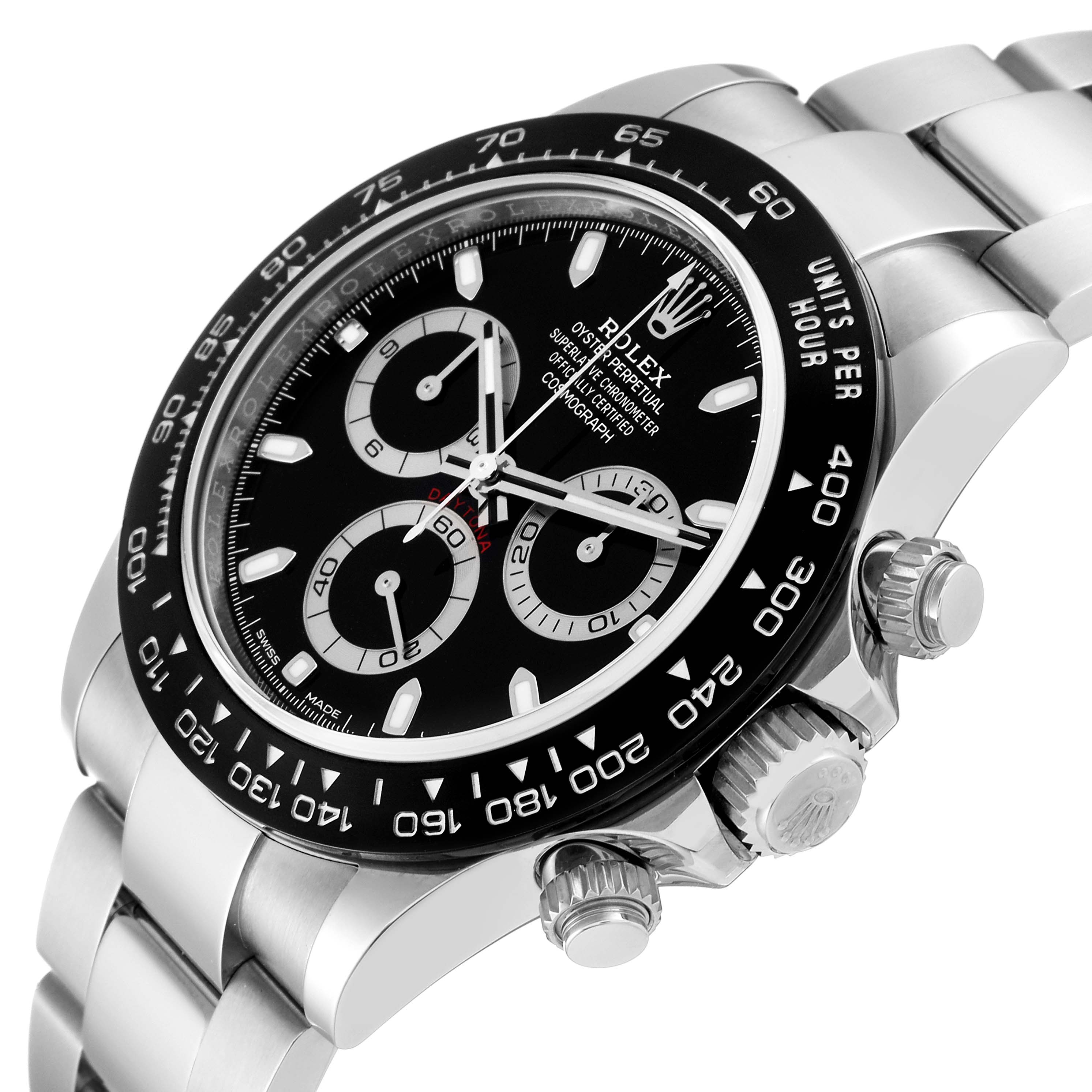The image shows a partial side view of the Rolex Daytona 116500LN Men's Stainless Steel Black Dial 116500LN Men's Stainless Steel Black Dial watch, highlighting the bezel, crown, pushers, and part of the bracelet.