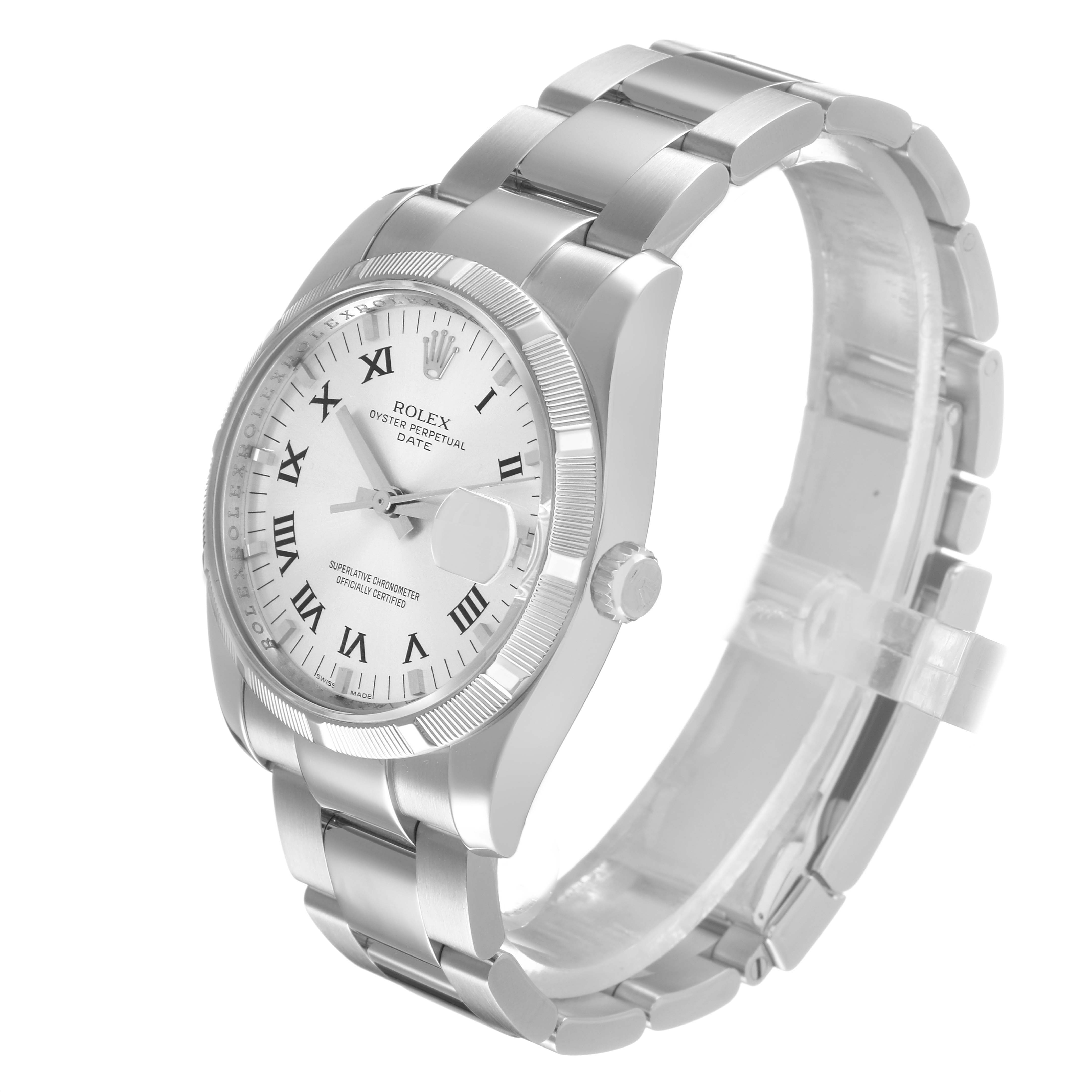 The Rolex Date 115210 Men's Stainless Steel Silver Dial model watch is shown at a three-quarter angle, highlighting the dial, bezel, crown, and bracelet.