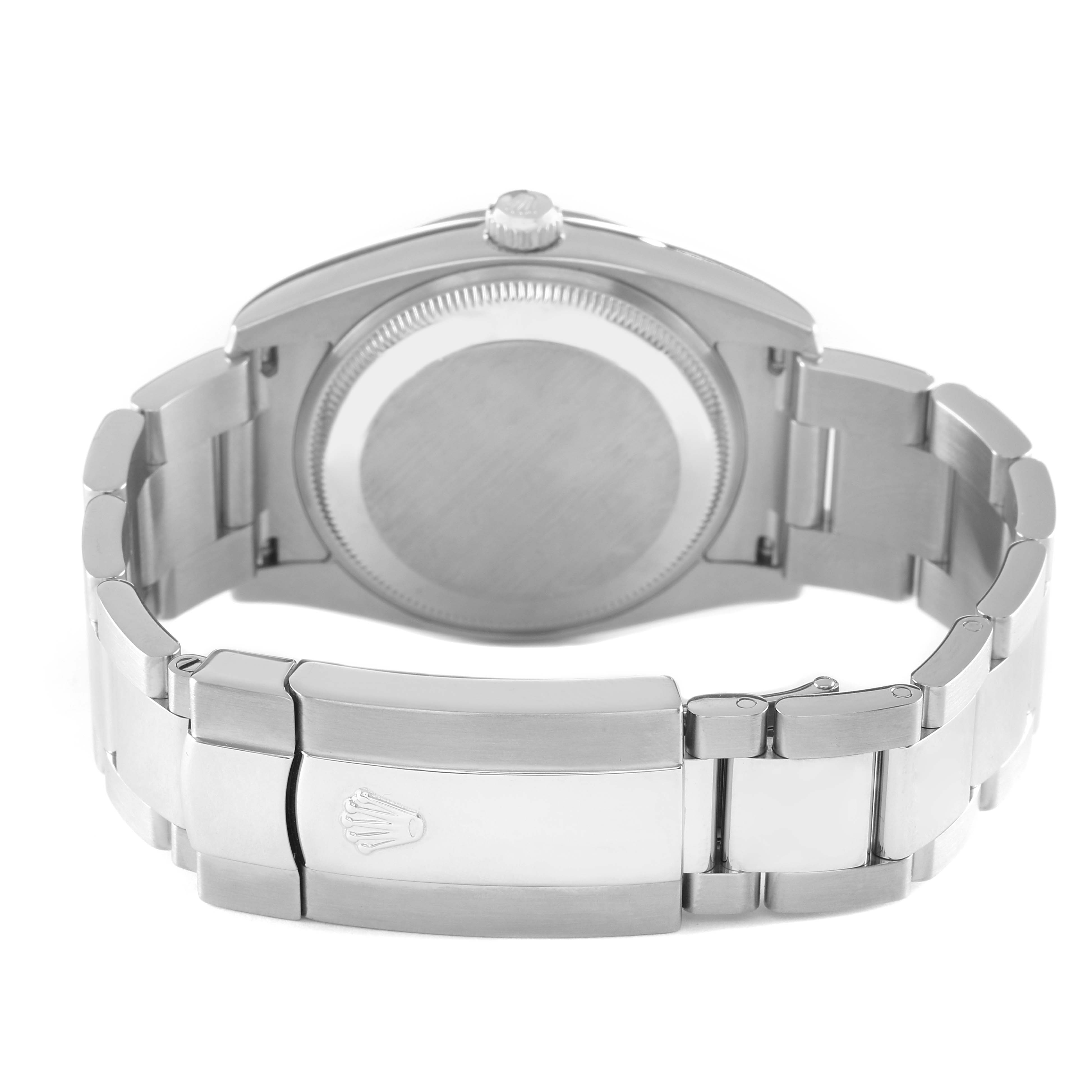 The image shows the back view of a Rolex Date 115210 Men's Stainless Steel Silver Dial model, highlighting the case back, clasp, and bracelet.