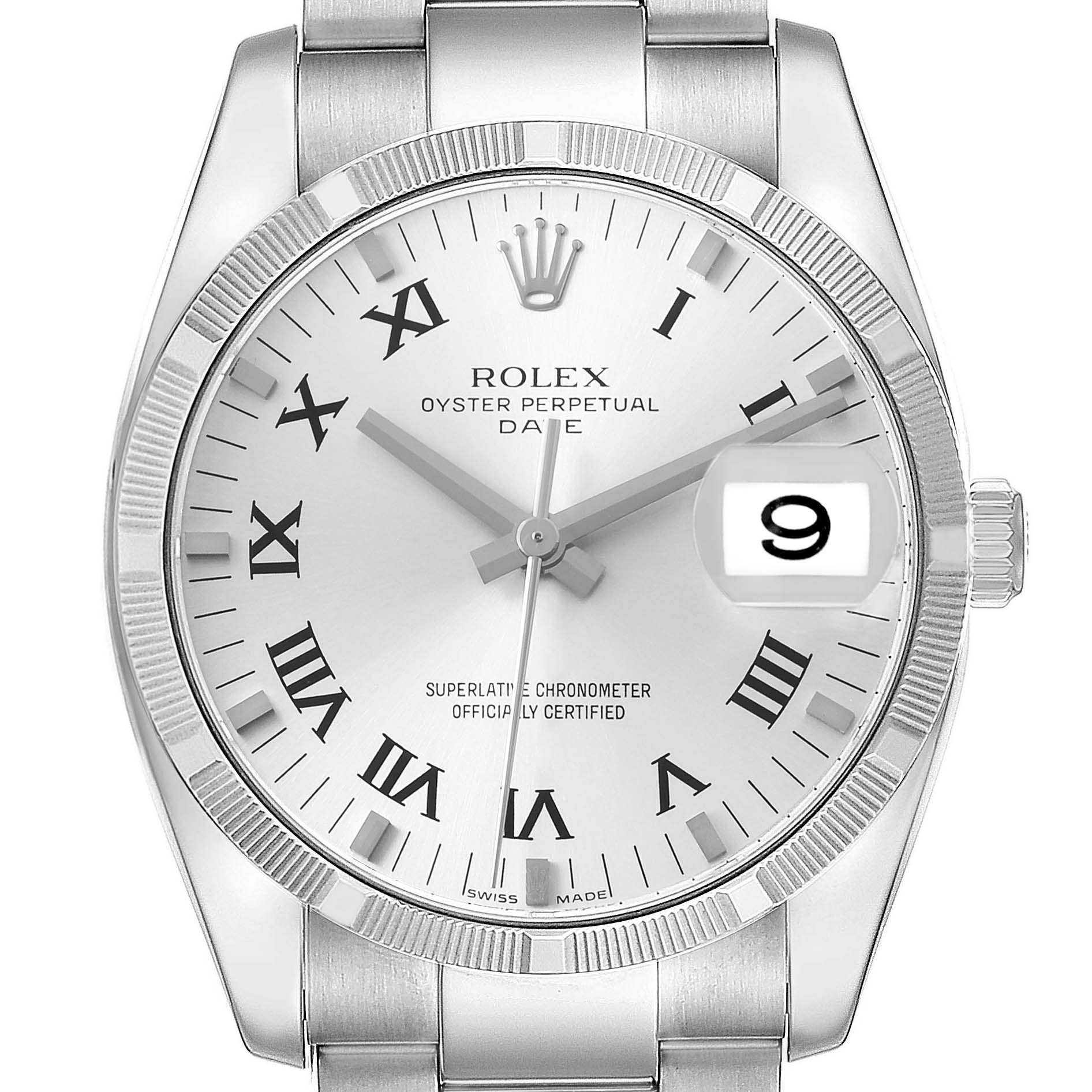 The Rolex Date 115210 Men's Stainless Steel Silver Dial watch is shown in a front view, highlighting the dial, bezel, and partially the bracelet.