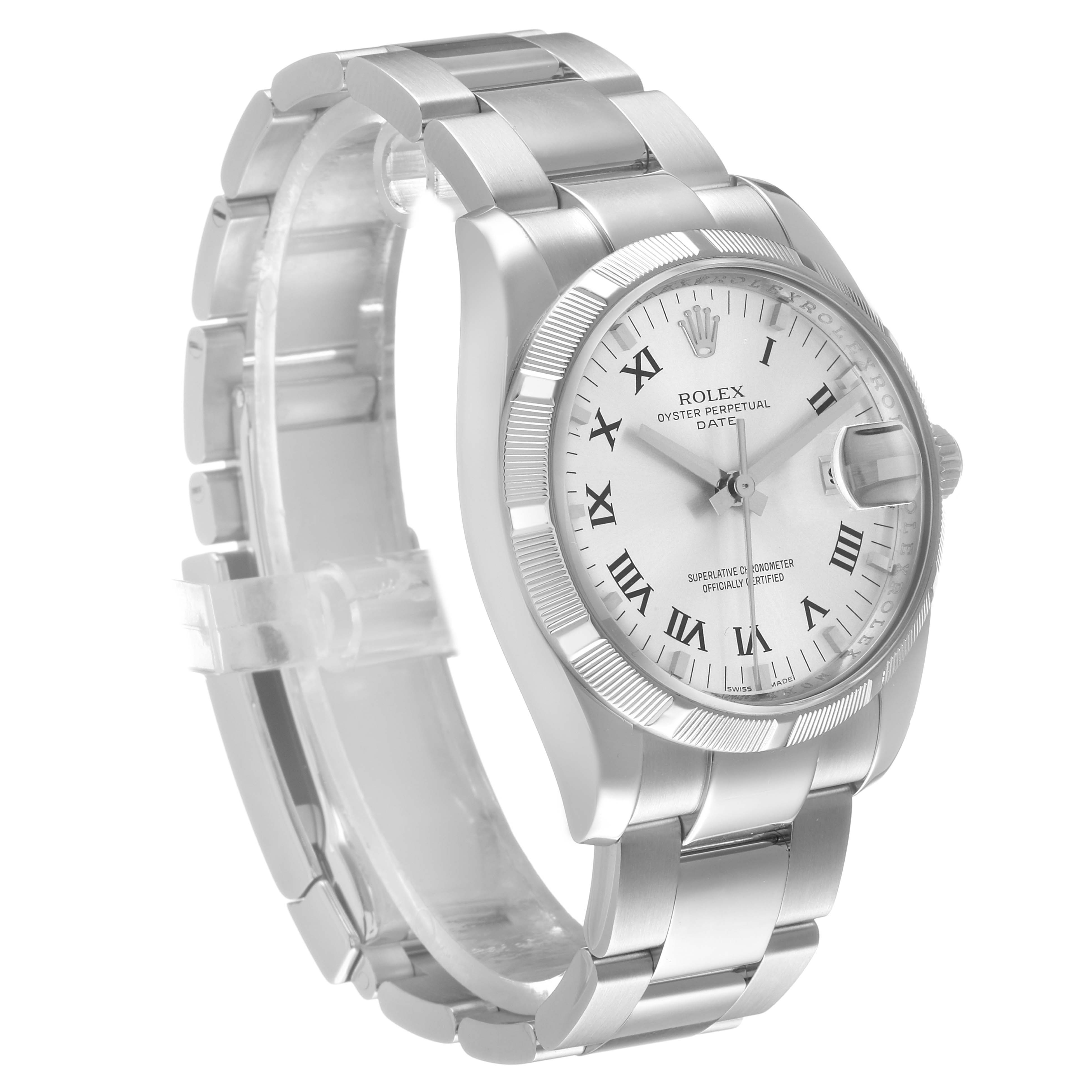 The Rolex Date 115210 Men's Stainless Steel Silver Dial model is shown at a slight angle, highlighting the face, bracelet, and fluted bezel.