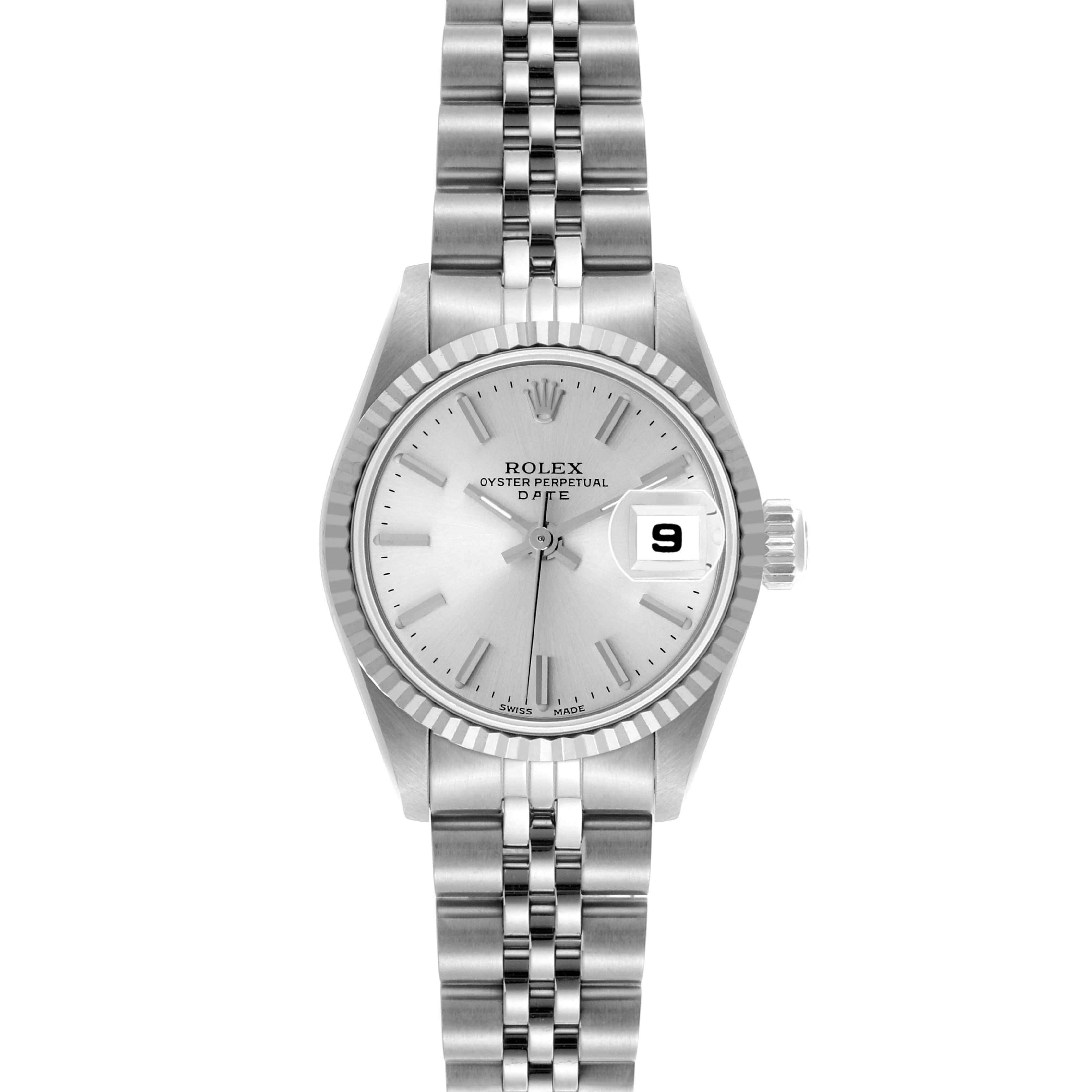 The Rolex Date 69174 Women's Stainless Steel Silver Dial 69174 Women's Stainless Steel Silver Dial watch is shown from the front, displaying the dial, case, bracelet, and date magnifier.
