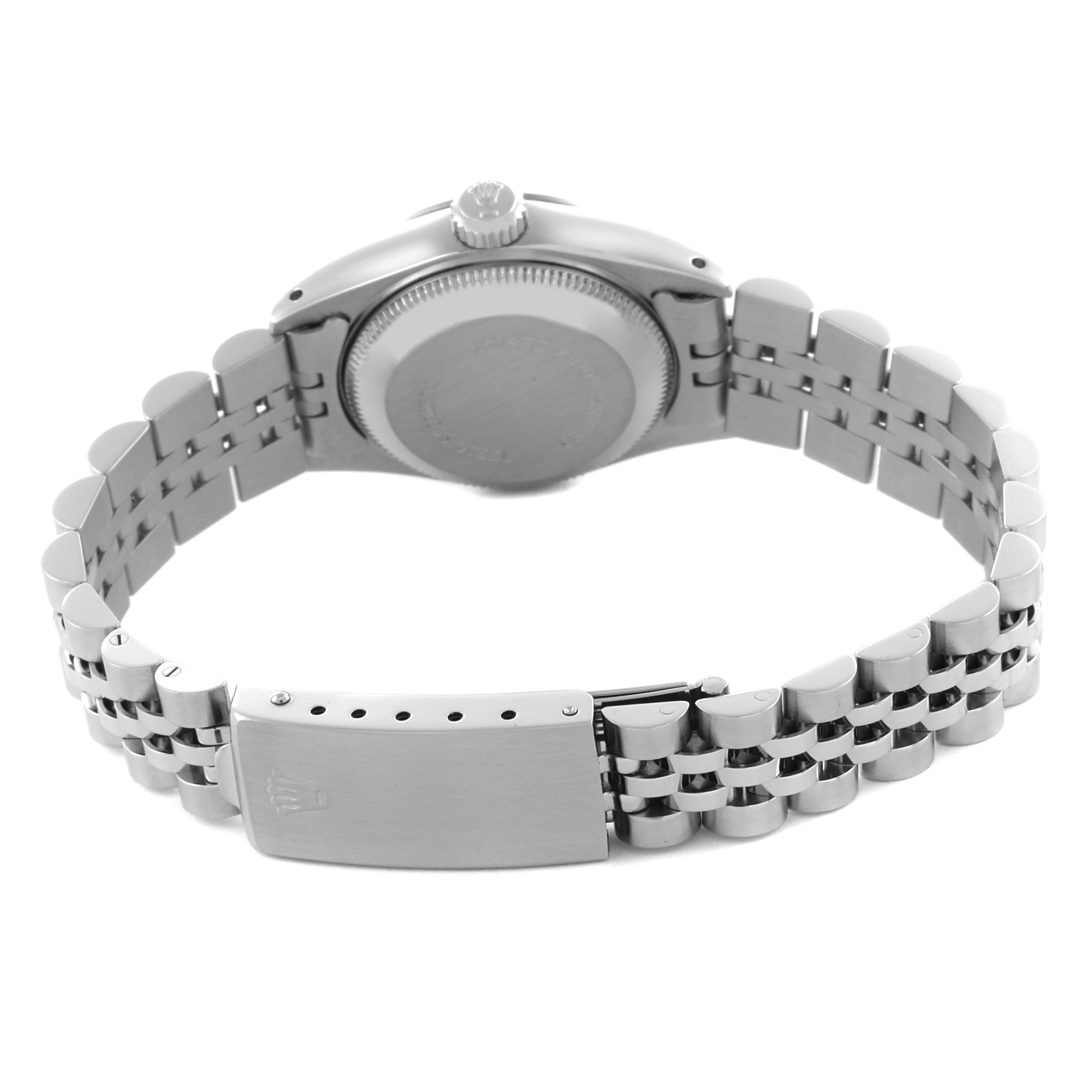 The image shows the back of a Rolex Date 69174 Women's Stainless Steel Silver Dial 69174 Women's Stainless Steel Silver Dial model watch, highlighting the clasp, bracelet, and case back.