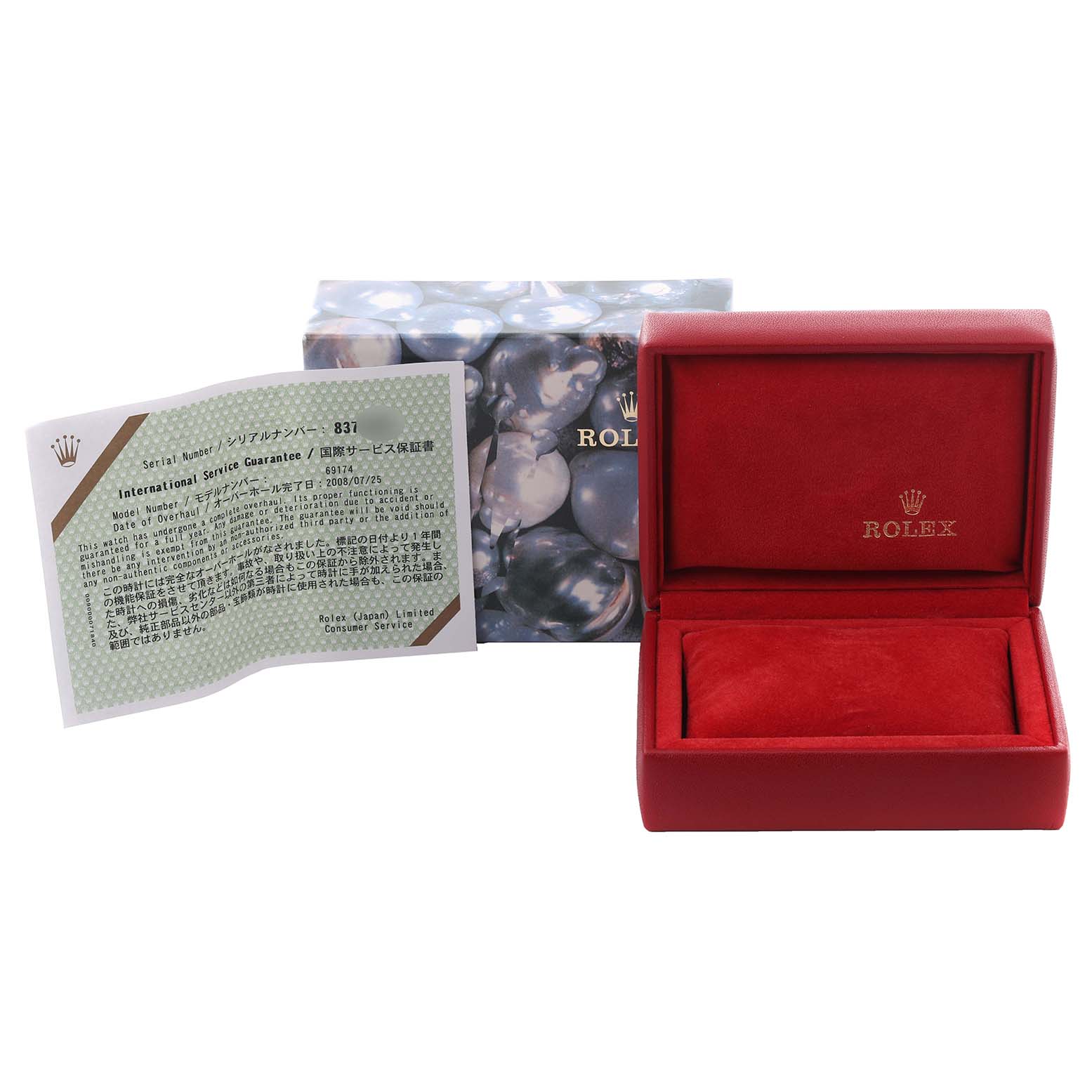 The image shows a red Rolex box, a warranty card, and the outer packaging for the Rolex Date 69174 Women's Stainless Steel Silver Dial 69174 Women's Stainless Steel Silver Dial model.