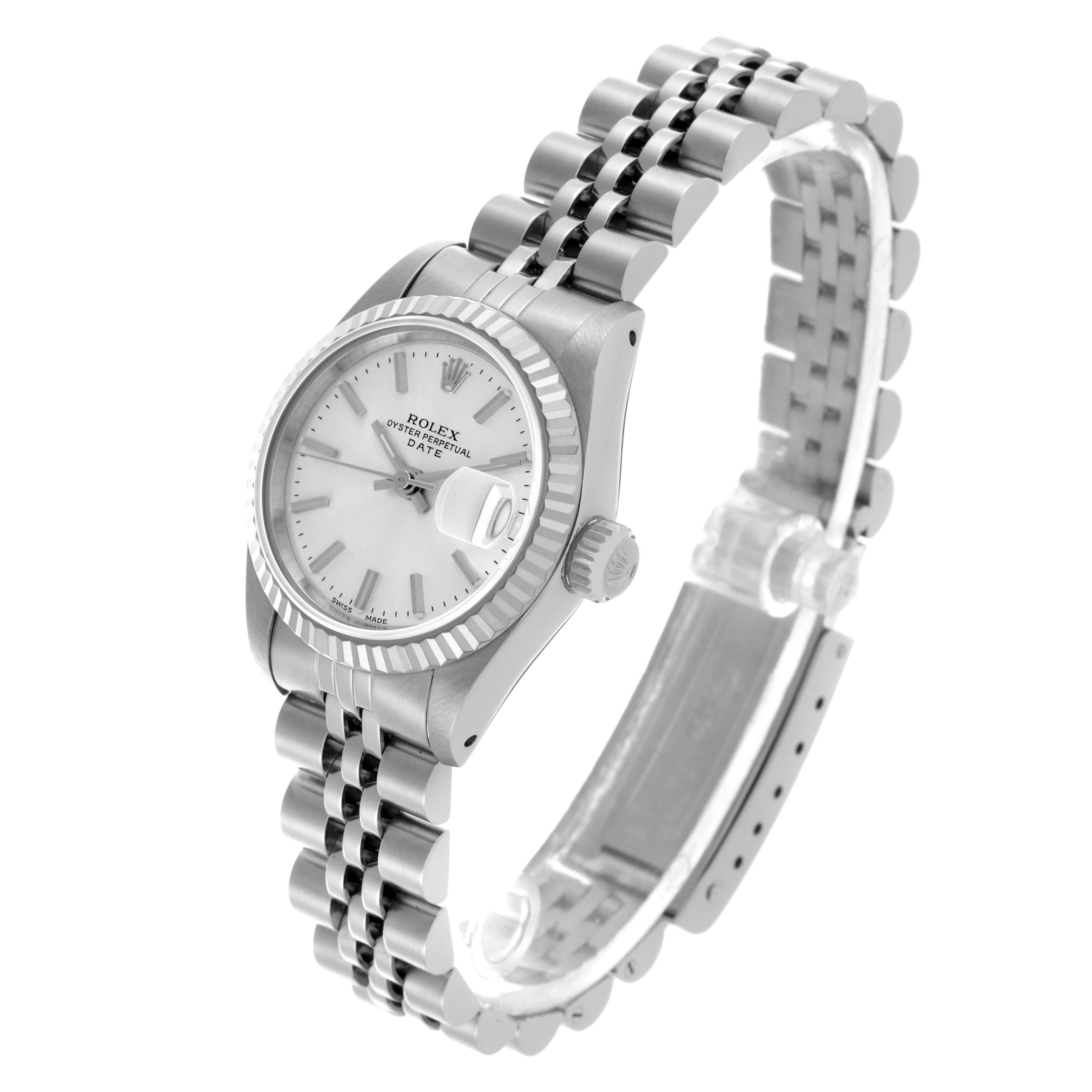 The Rolex Date 69174 Women's Stainless Steel Silver Dial 69174 Women's Stainless Steel Silver Dial model watch is shown at an angled view, displaying the face, bezel, crown, and the jubilee bracelet.