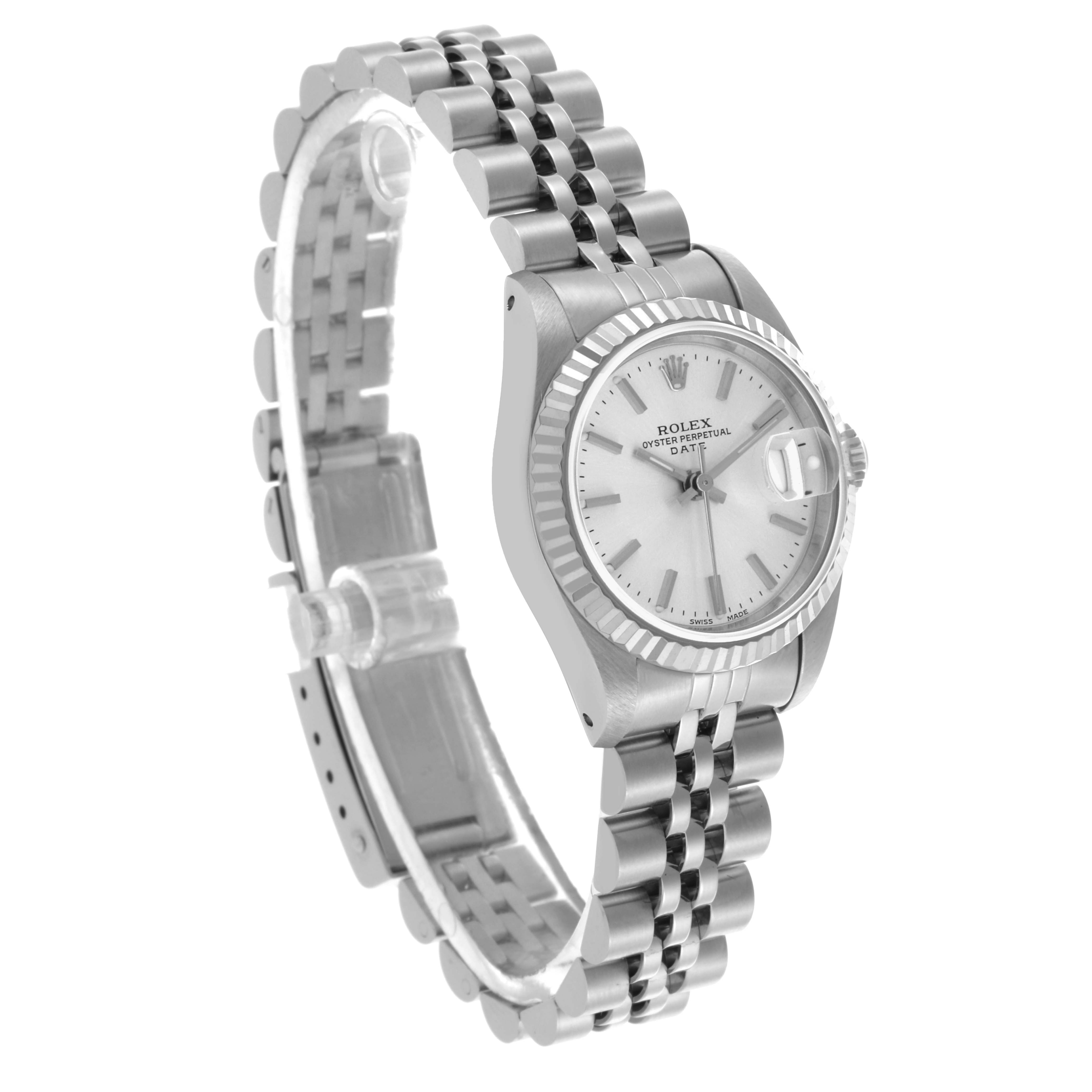 The Rolex Date 69174 Women's Stainless Steel Silver Dial 69174 Women's Stainless Steel Silver Dial watch is shown from an angled side view, highlighting the face, bezel, and bracelet.