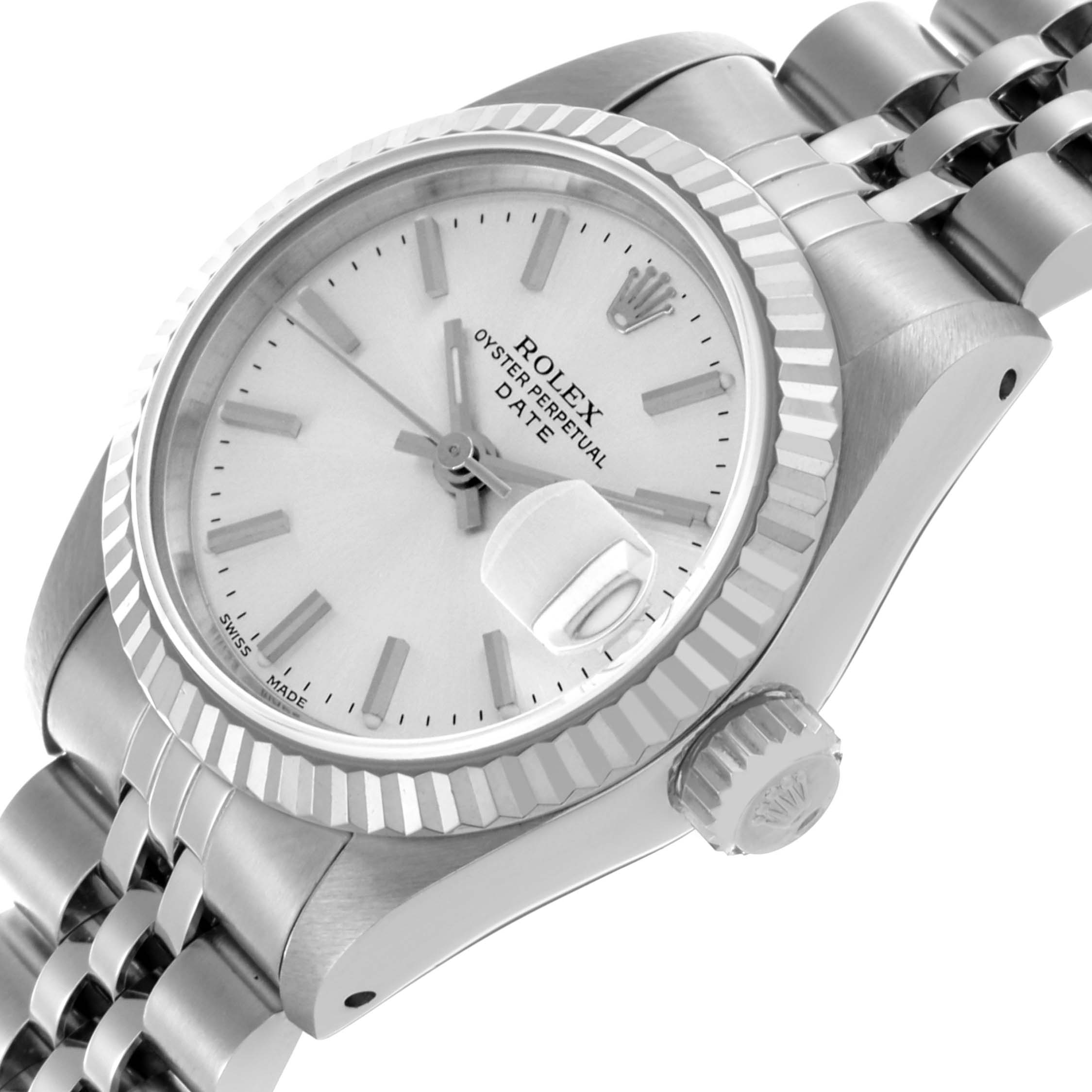The Rolex Date 69174 Women's Stainless Steel Silver Dial 69174 Women's Stainless Steel Silver Dial model watch is shown at an angle highlighting the face, bezel, crown, and bracelet.