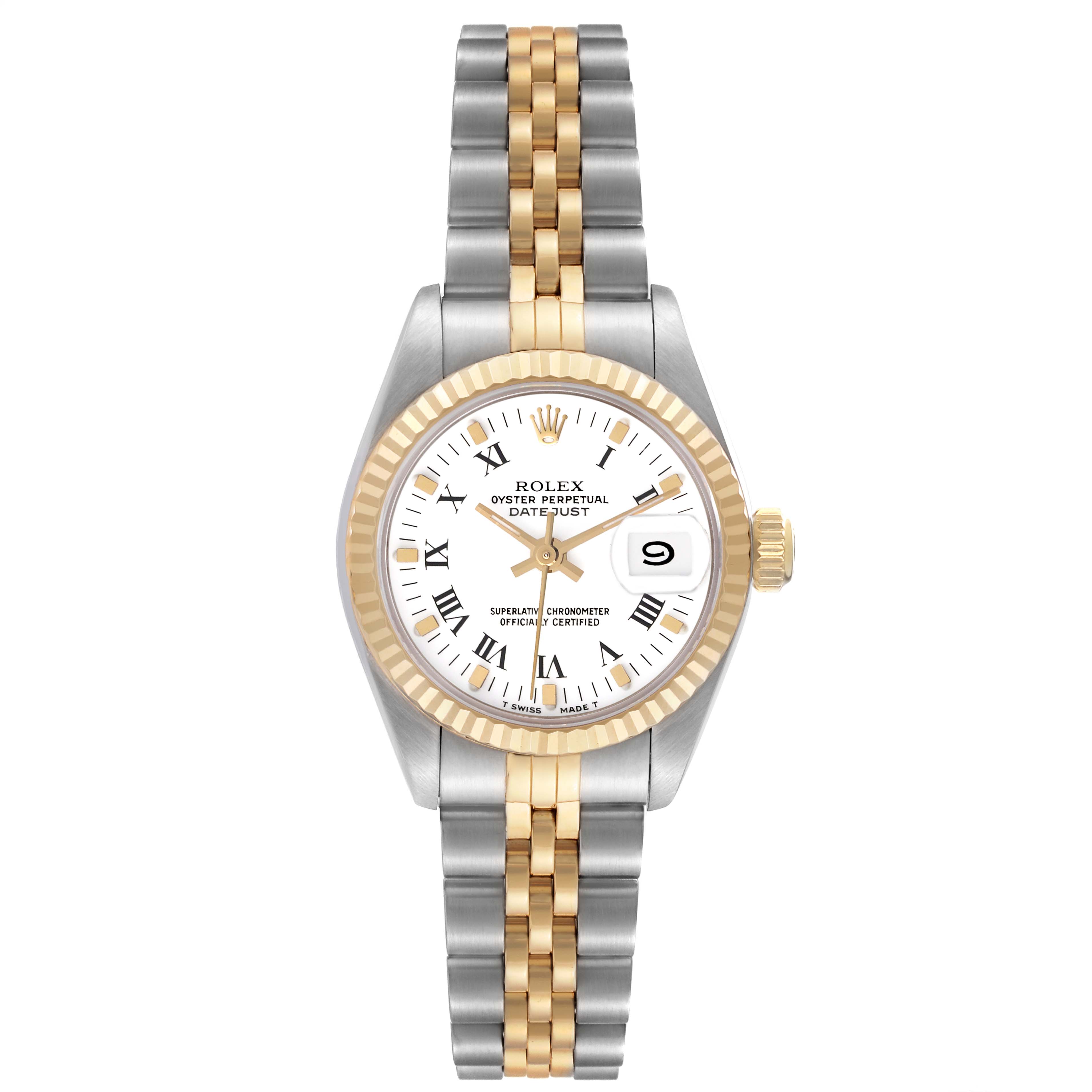 The Rolex Datejust 69173 Women's Steel and Gold (two tone) White Dial 69173 Women's Steel and Gold (two tone) White Dial watch is shown at a straight-on angle, featuring its dial, fluted bezel, and two-tone Jubilee bracelet.