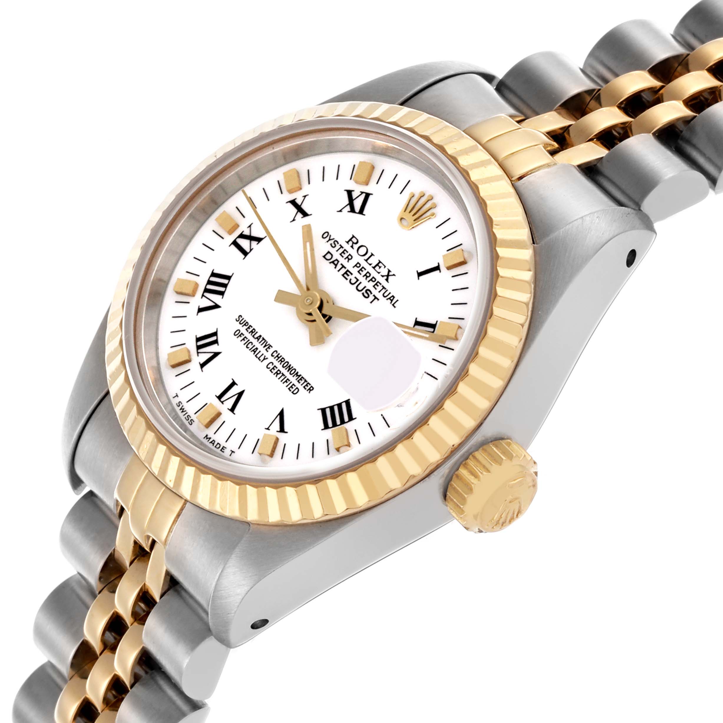 The Rolex Datejust 69173 Women's Steel and Gold (two tone) White Dial 69173 Women's Steel and Gold (two tone) White Dial is shown at an angle highlighting the dial, bezel, crown, and two-tone bracelet.