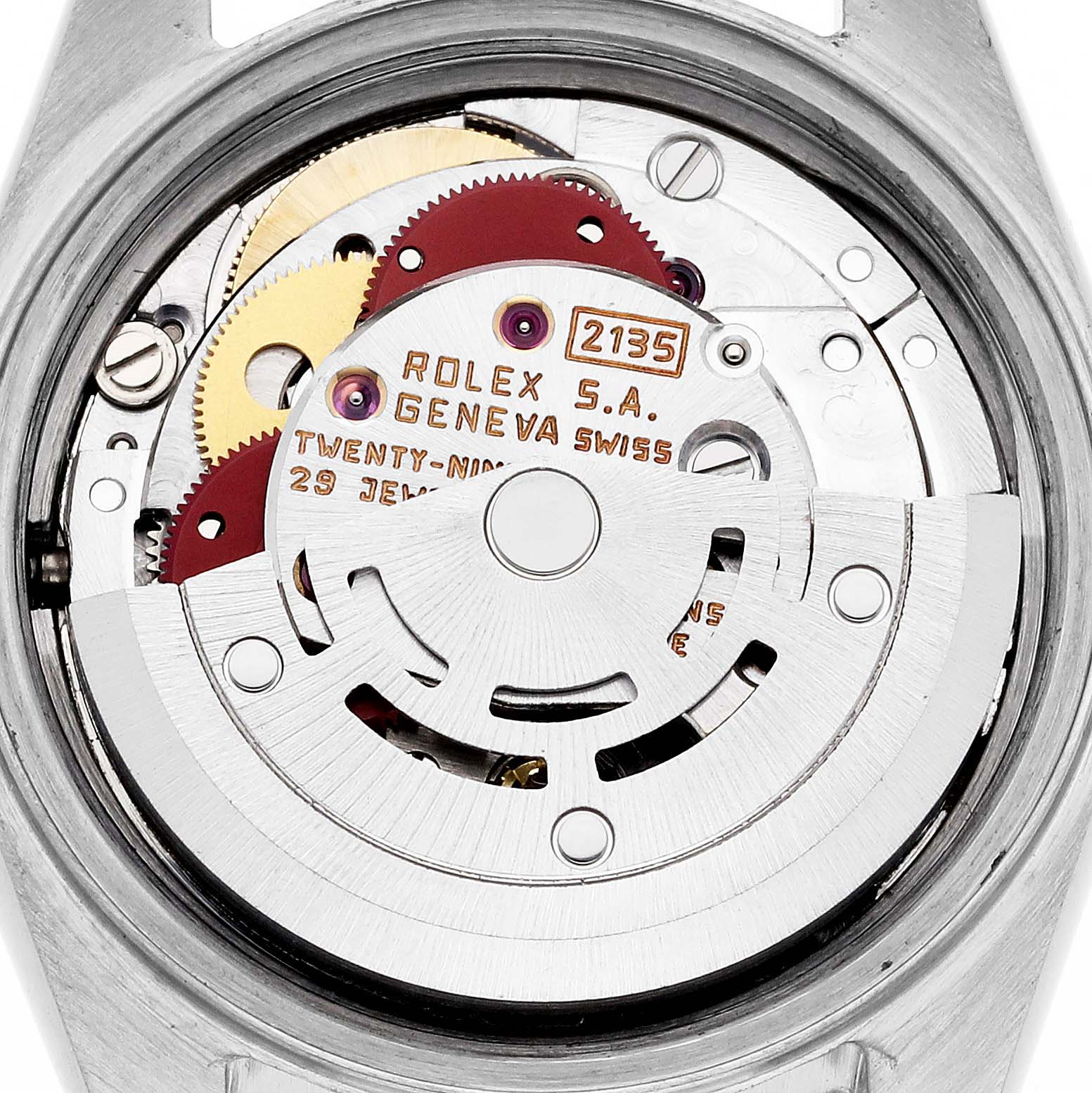 The image shows an overhead view of the Rolex Datejust 69173 Women's Steel and Gold (two tone) White Dial 69173 Women's Steel and Gold (two tone) White Dial's movement, highlighting gears and inscriptions.