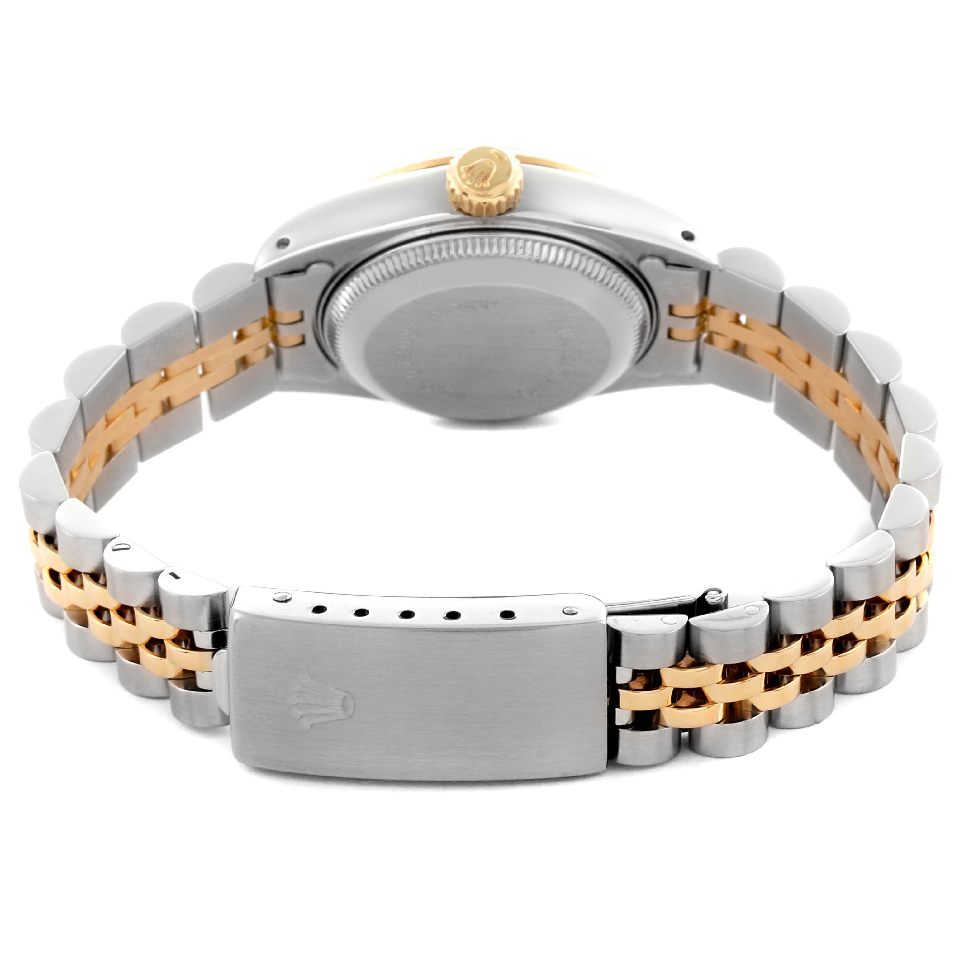The image shows the back view of a Rolex Datejust 69173 Women's Steel and Gold (two tone) White Dial 69173 Women's Steel and Gold (two tone) White Dial watch, highlighting the case back, crown, and two-tone bracelet with the clasp.