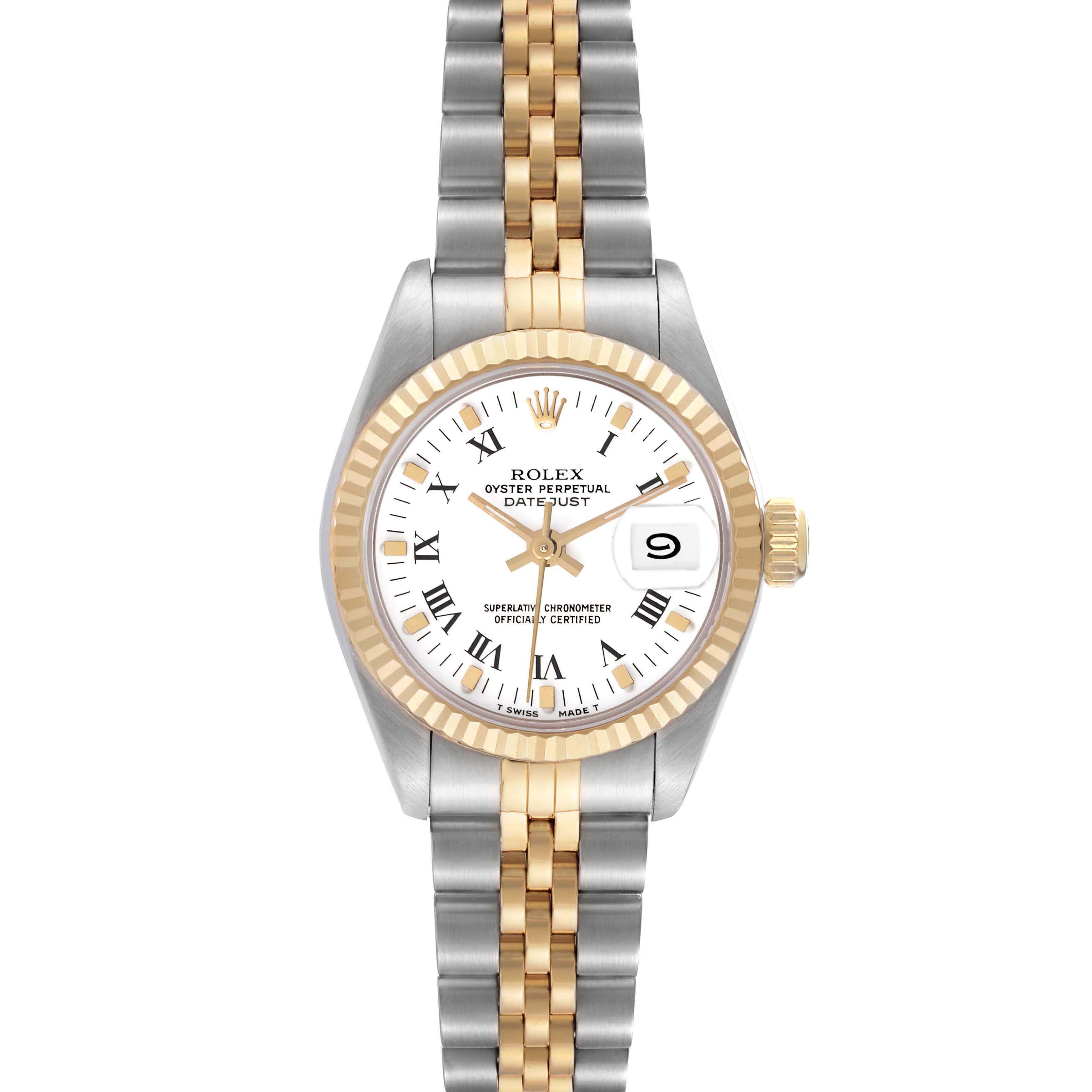 The image shows a Rolex Datejust 69173 Women's Steel and Gold (two tone) White Dial 69173 Women's Steel and Gold (two tone) White Dial watch from a front angle, highlighting its two-tone bracelet, white dial, and fluted bezel.