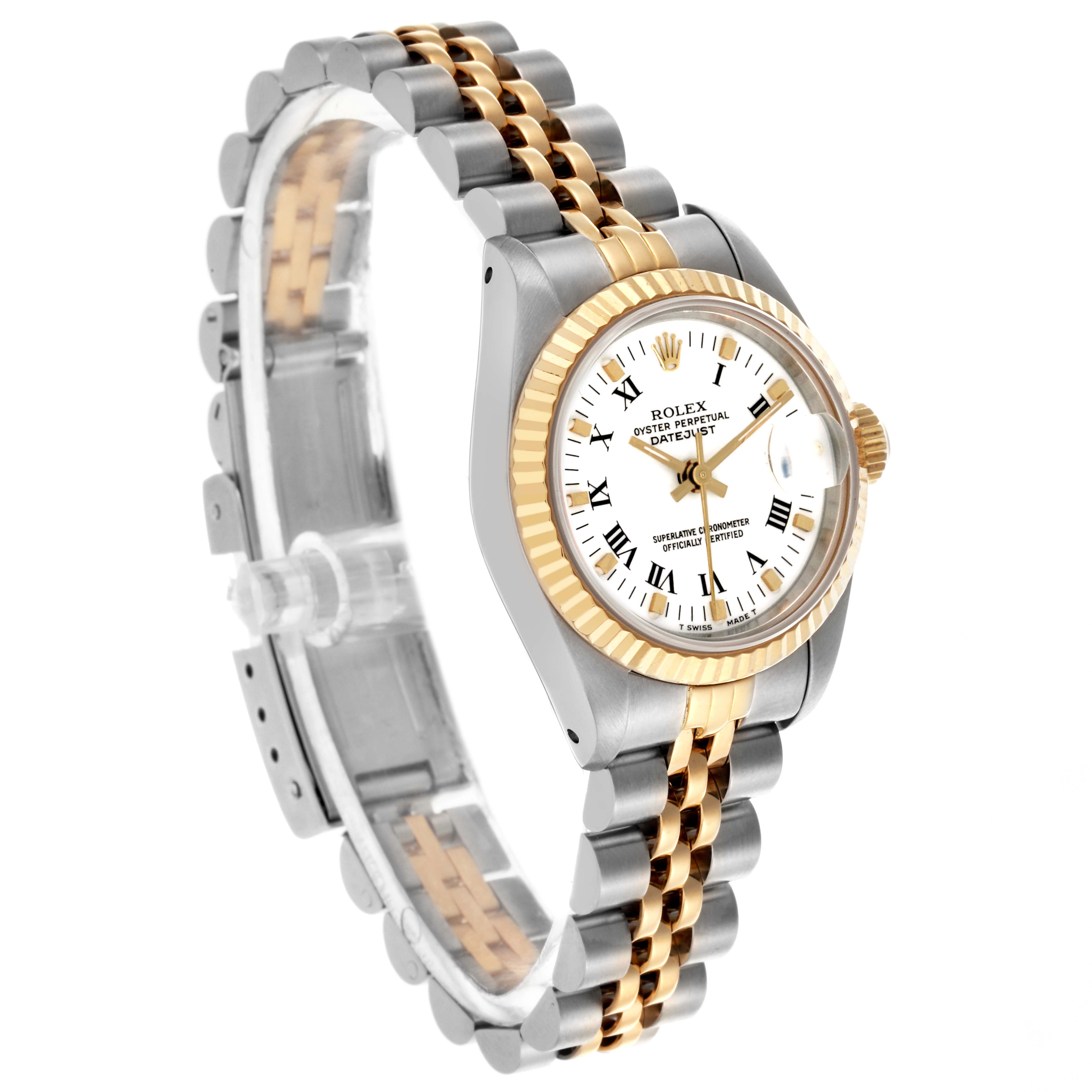 The Rolex Datejust 69173 Women's Steel and Gold (two tone) White Dial 69173 Women's Steel and Gold (two tone) White Dial watch is shown at a three-quarter angle, highlighting the bezel, dial, and two-tone bracelet.