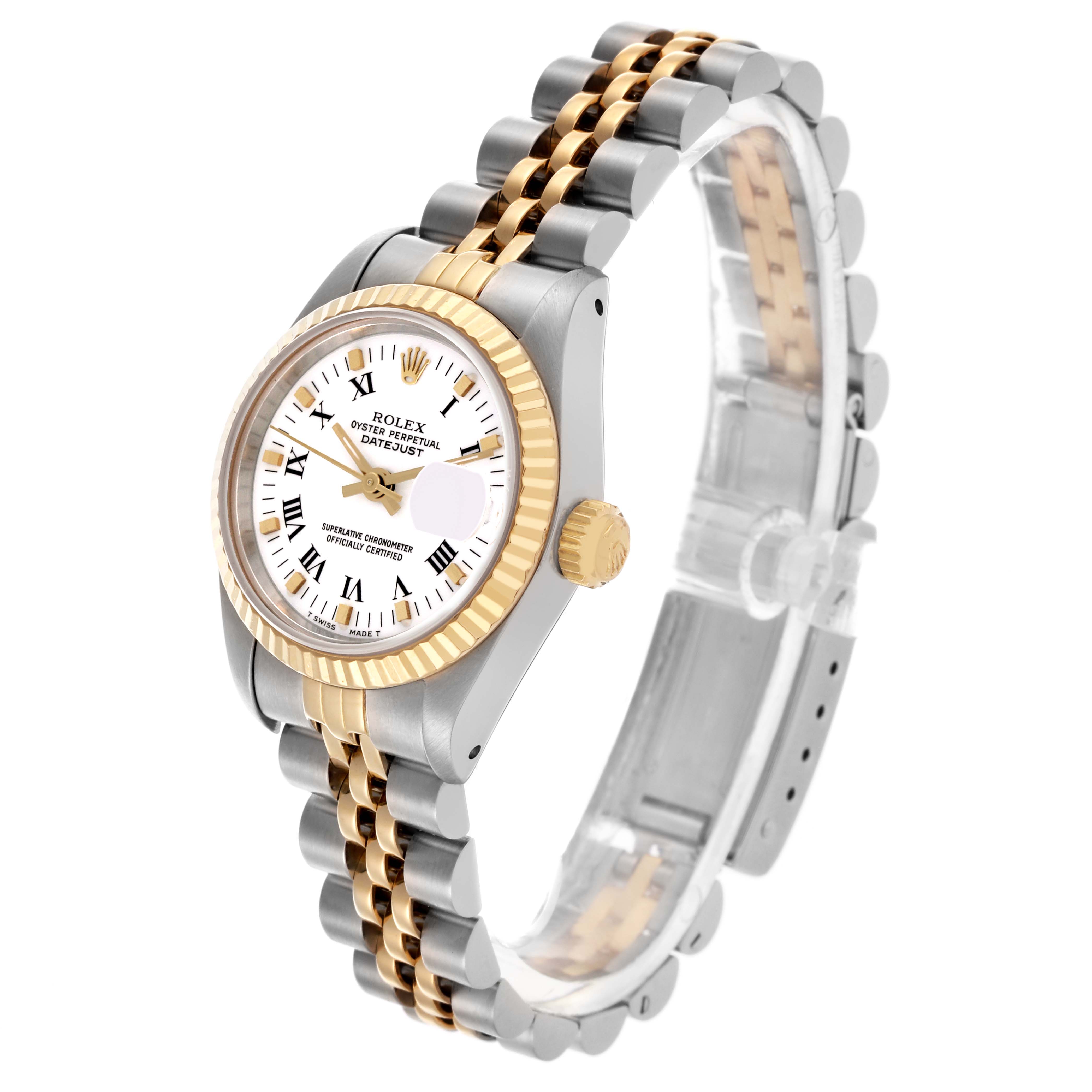The image shows a Rolex Datejust 69173 Women's Steel and Gold (two tone) White Dial 69173 Women's Steel and Gold (two tone) White Dial watch from an angled side view, highlighting the face, bezel, crown, and two-tone bracelet.
