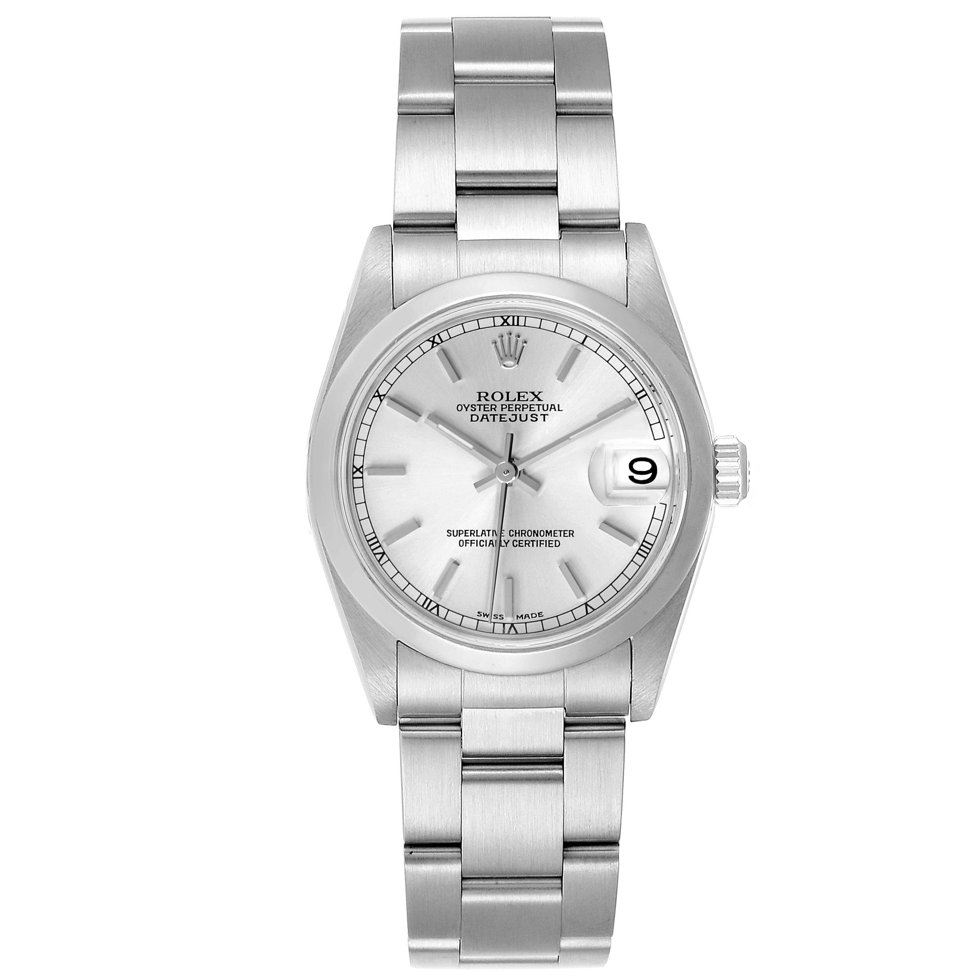 The image shows a front view of a Rolex Mid-Size 78240 Women
s Stainless Steel Silver Dial 78240 Women
s Stainless Steel Silver Dial Oyster Perpetual Datejust watch, displaying the dial, bracelet, and clasp.