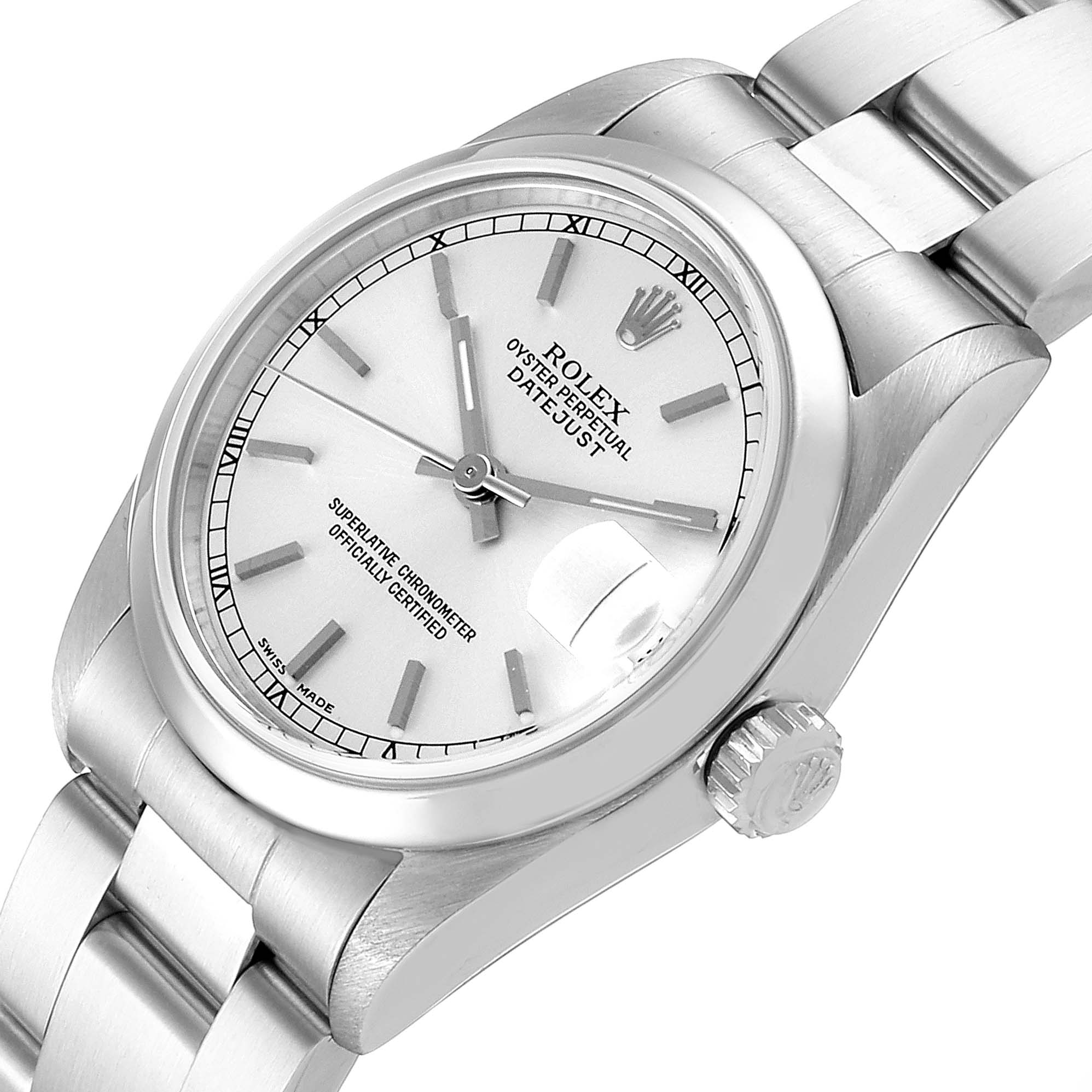 The Rolex Mid-Size 78240 Women
s Stainless Steel Silver Dial 78240 Women
s Stainless Steel Silver Dial Oyster Perpetual Datejust watch is shown from an angled perspective, highlighting the face, crown, and bracelet.