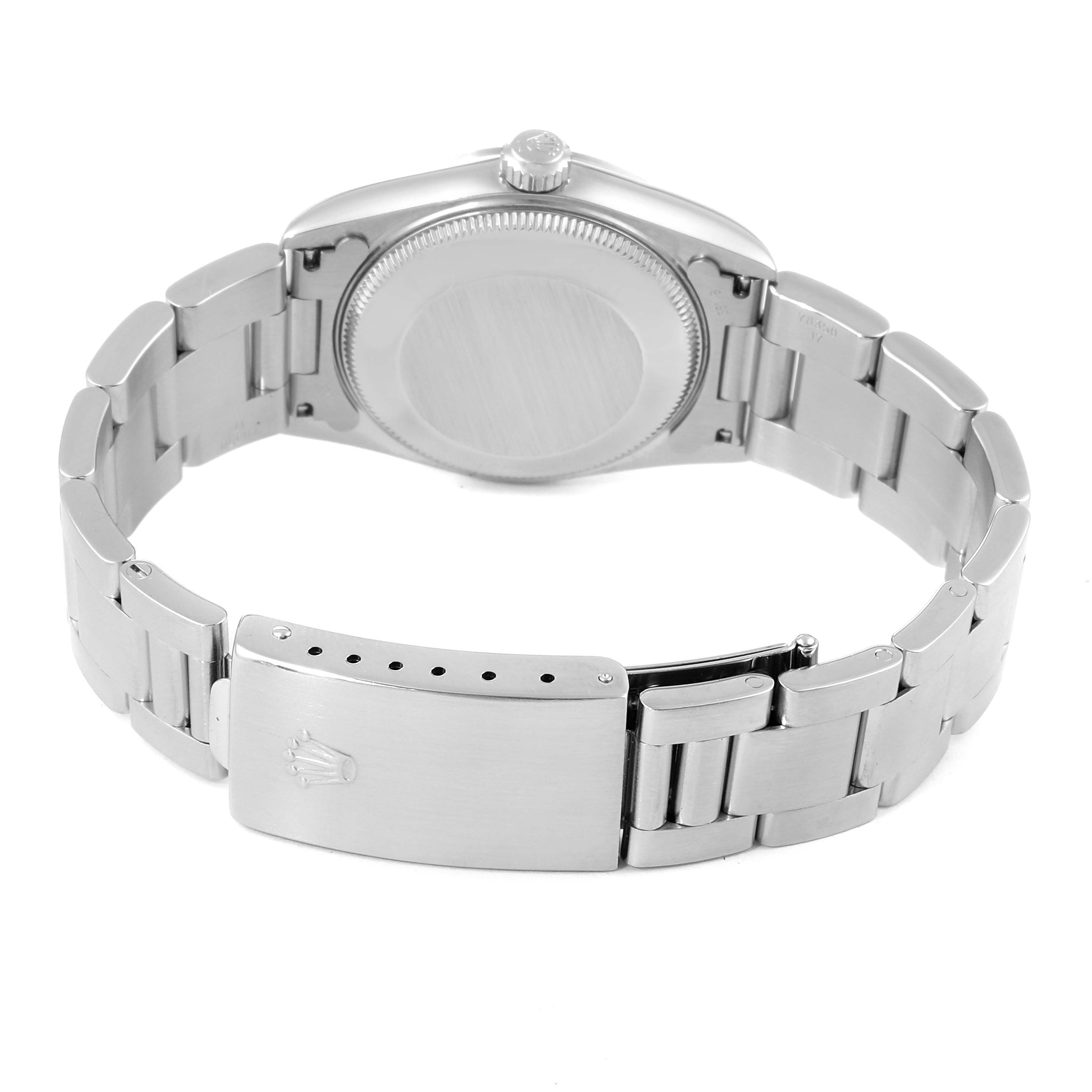 This image shows the backside and clasp of a Mid-Size Rolex watch, highlighting the bracelet and case.