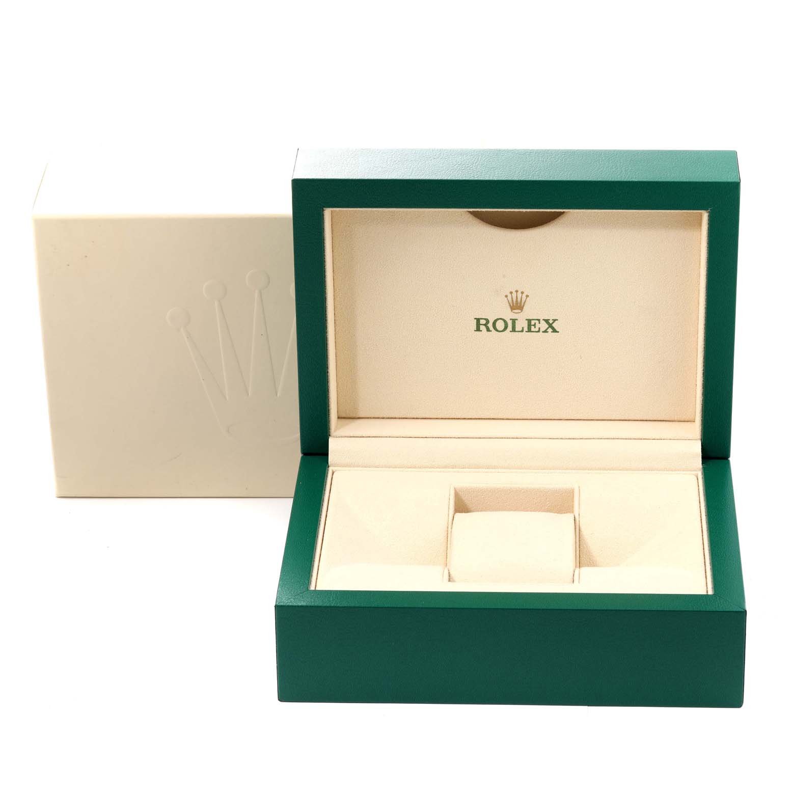 The image shows the open box for a Rolex Datejust 41 126334 Men's Stainless Steel Green Dial 126334 Men's Stainless Steel Green Dial watch, displaying its interior and exterior design.