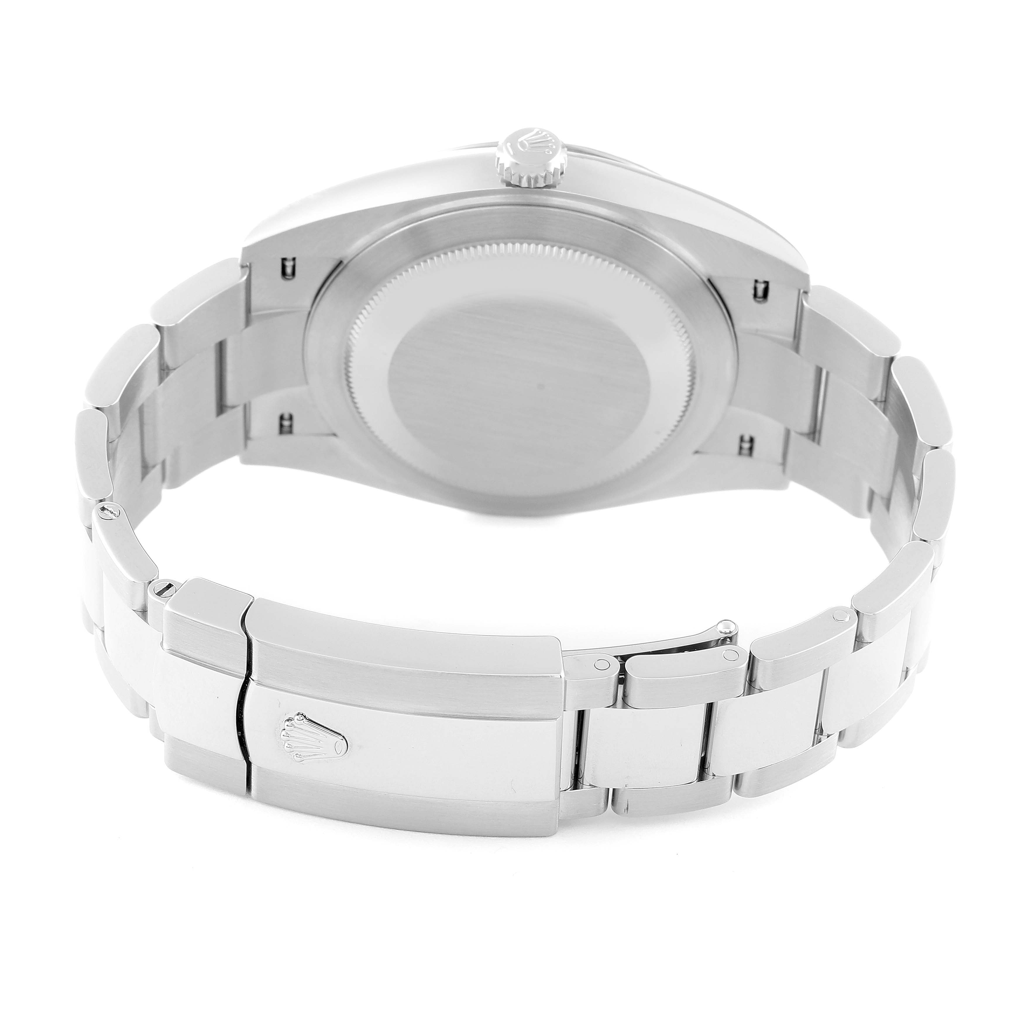 The image shows the back case and clasp of a Rolex Datejust 41 126334 Men's Stainless Steel Green Dial 126334 Men's Stainless Steel Green Dial watch, viewed from the rear.