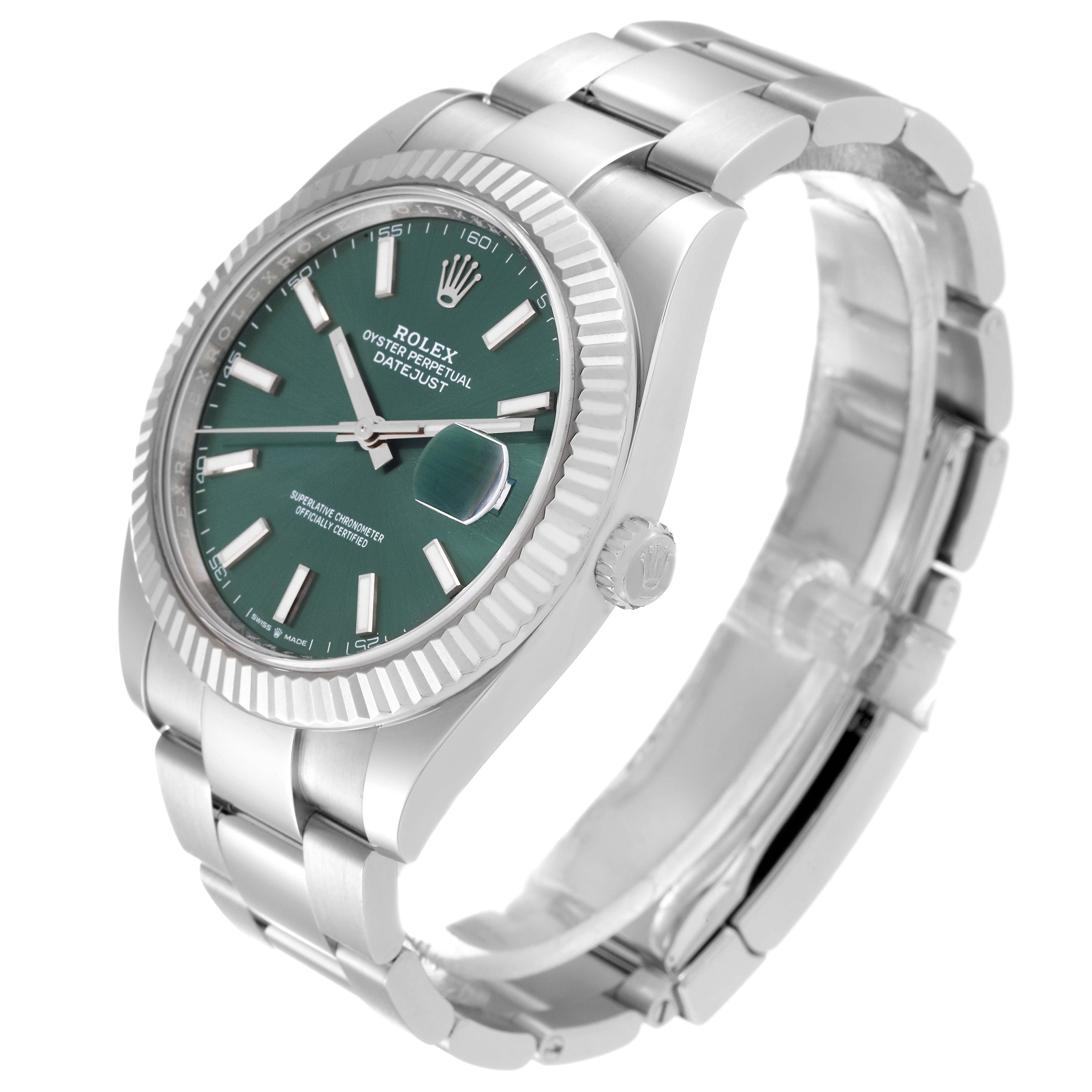 This is a Rolex Datejust 41 126334 Men's Stainless Steel Green Dial 126334 Men's Stainless Steel Green Dial watch shown at a slight angle, revealing the dial, bezel, crown, and part of the bracelet.