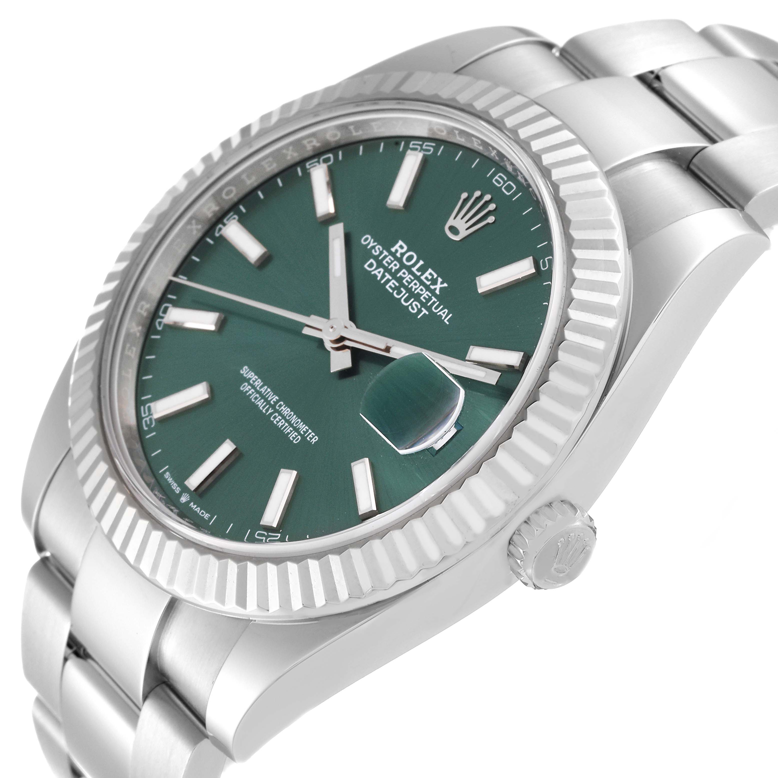 The image shows a Rolex Datejust 41 126334 Men's Stainless Steel Green Dial 126334 Men's Stainless Steel Green Dial watch from an angled view, highlighting its face, bezel, and part of the bracelet.