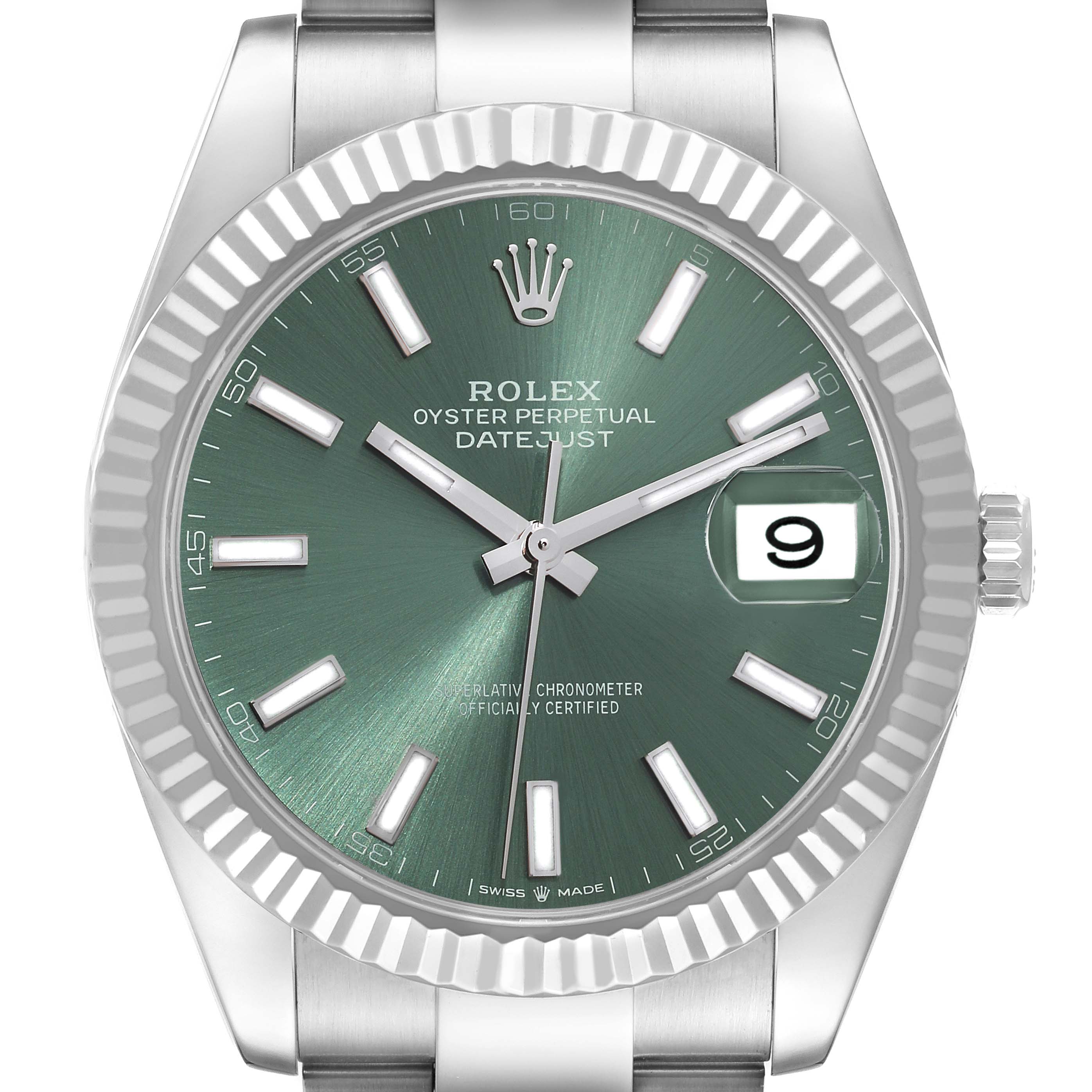The image shows a front angle view of the Rolex Datejust 41 126334 Men's Stainless Steel Green Dial 126334 Men's Stainless Steel Green Dial watch, highlighting its green dial, fluted bezel, and date window.