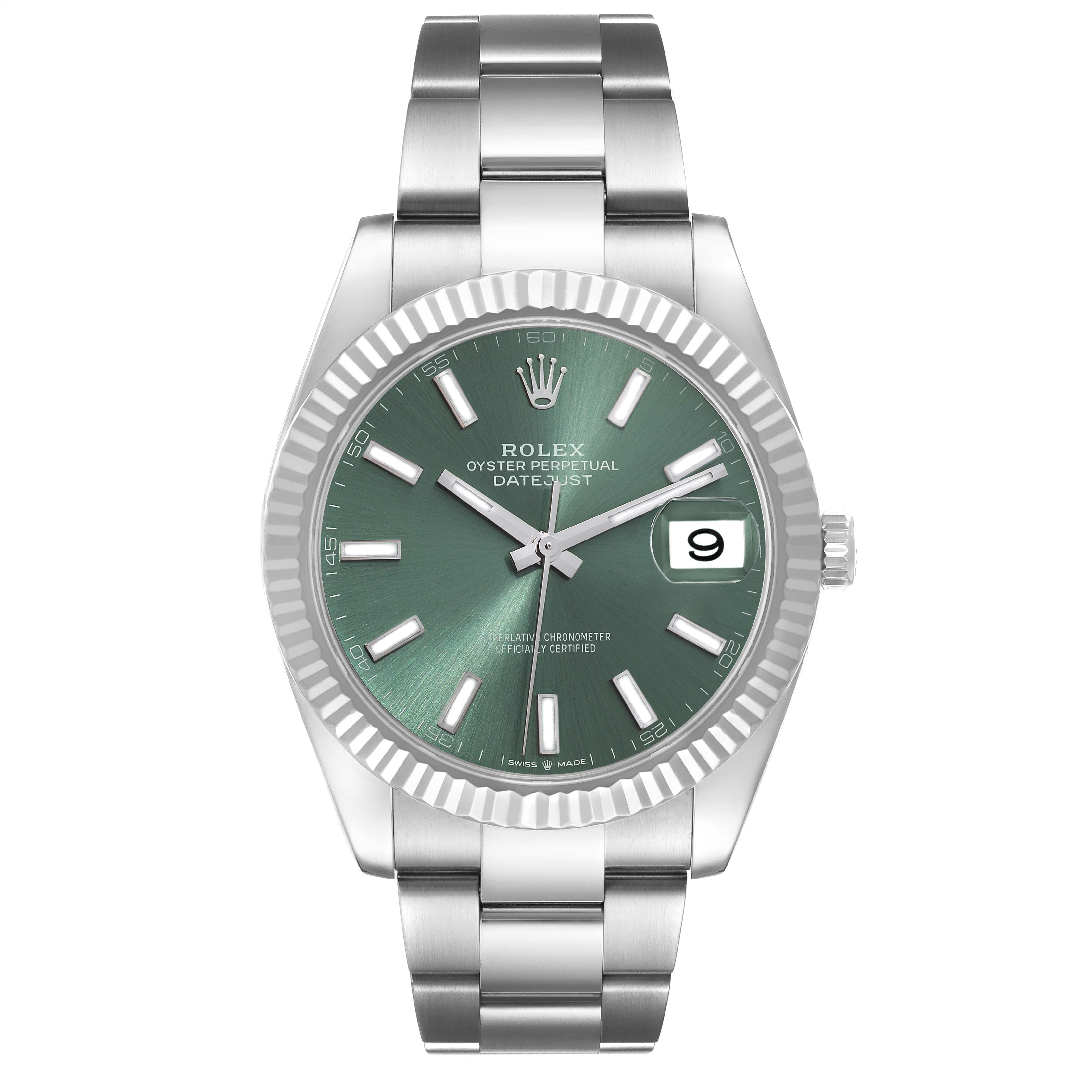 The Rolex Datejust 41 126334 Men's Stainless Steel Green Dial 126334 Men's Stainless Steel Green Dial watch is shown from a front angle, highlighting the face, crown, and bracelet.