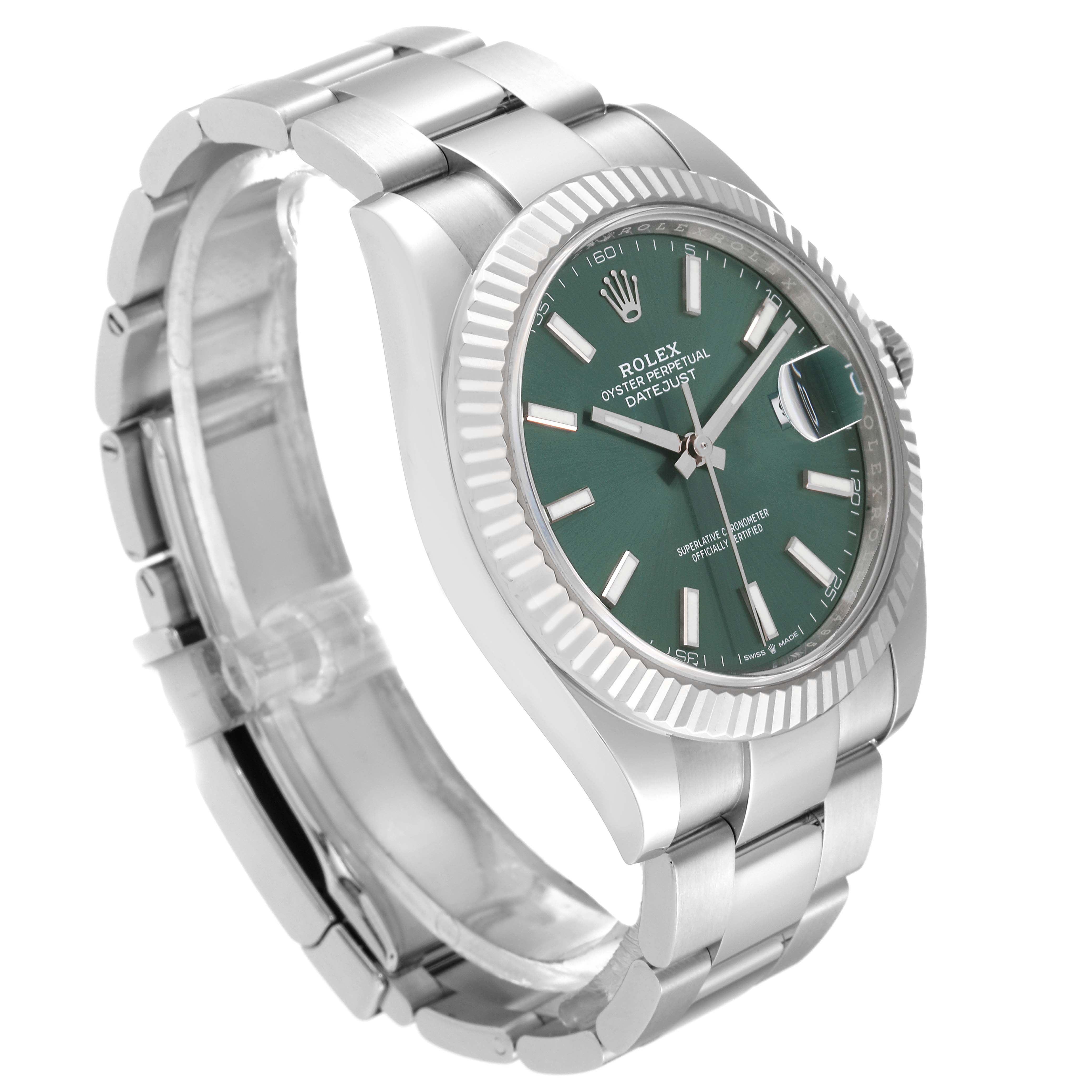 The image shows a Rolex Datejust 41 126334 Men's Stainless Steel Green Dial 126334 Men's Stainless Steel Green Dial watch angled from the front-left, displaying the dial, bezel, case, and bracelet.