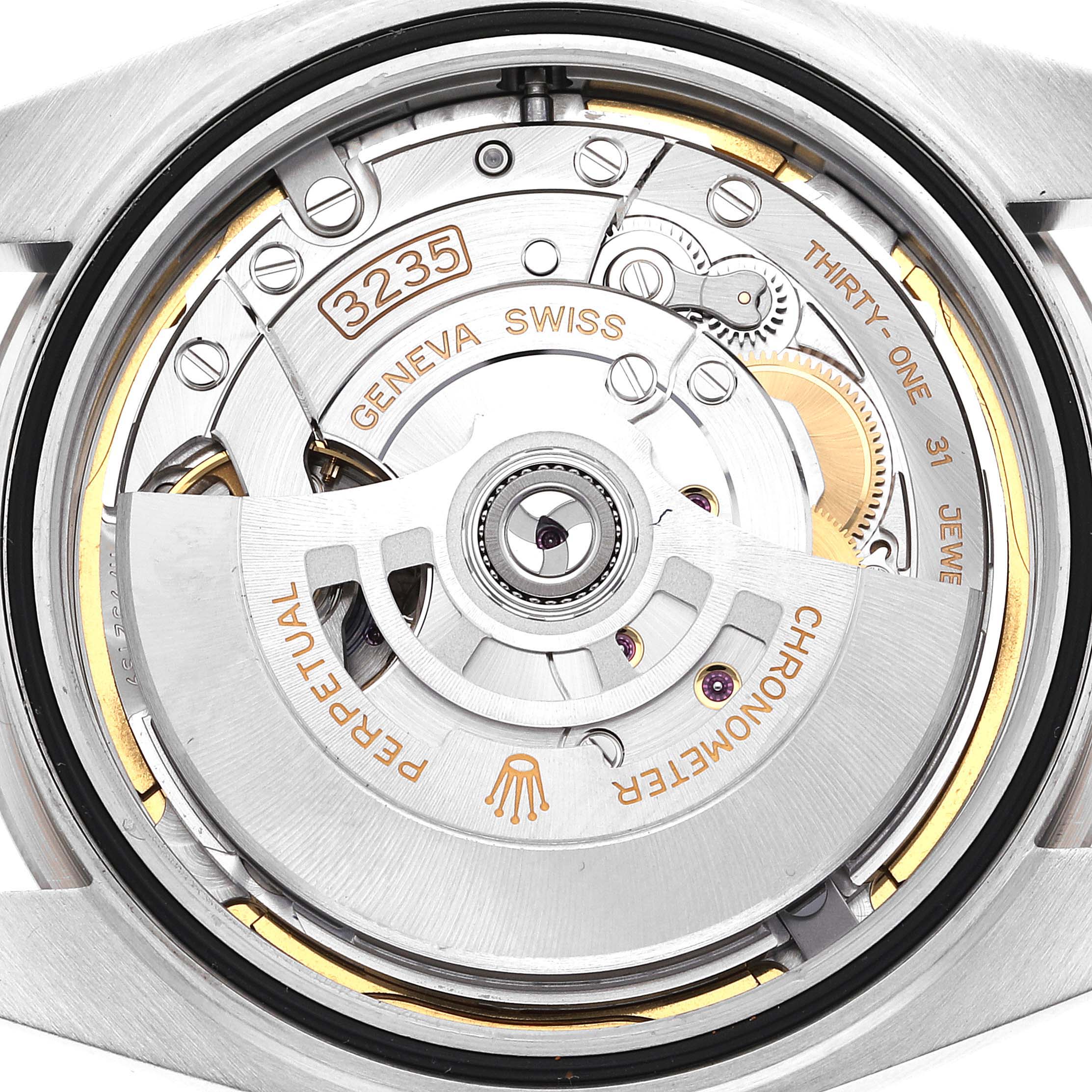 This image shows the movement mechanism and inner workings of a Rolex Datejust 41 126334 Men's Stainless Steel Green Dial 126334 Men's Stainless Steel Green Dial model up close.