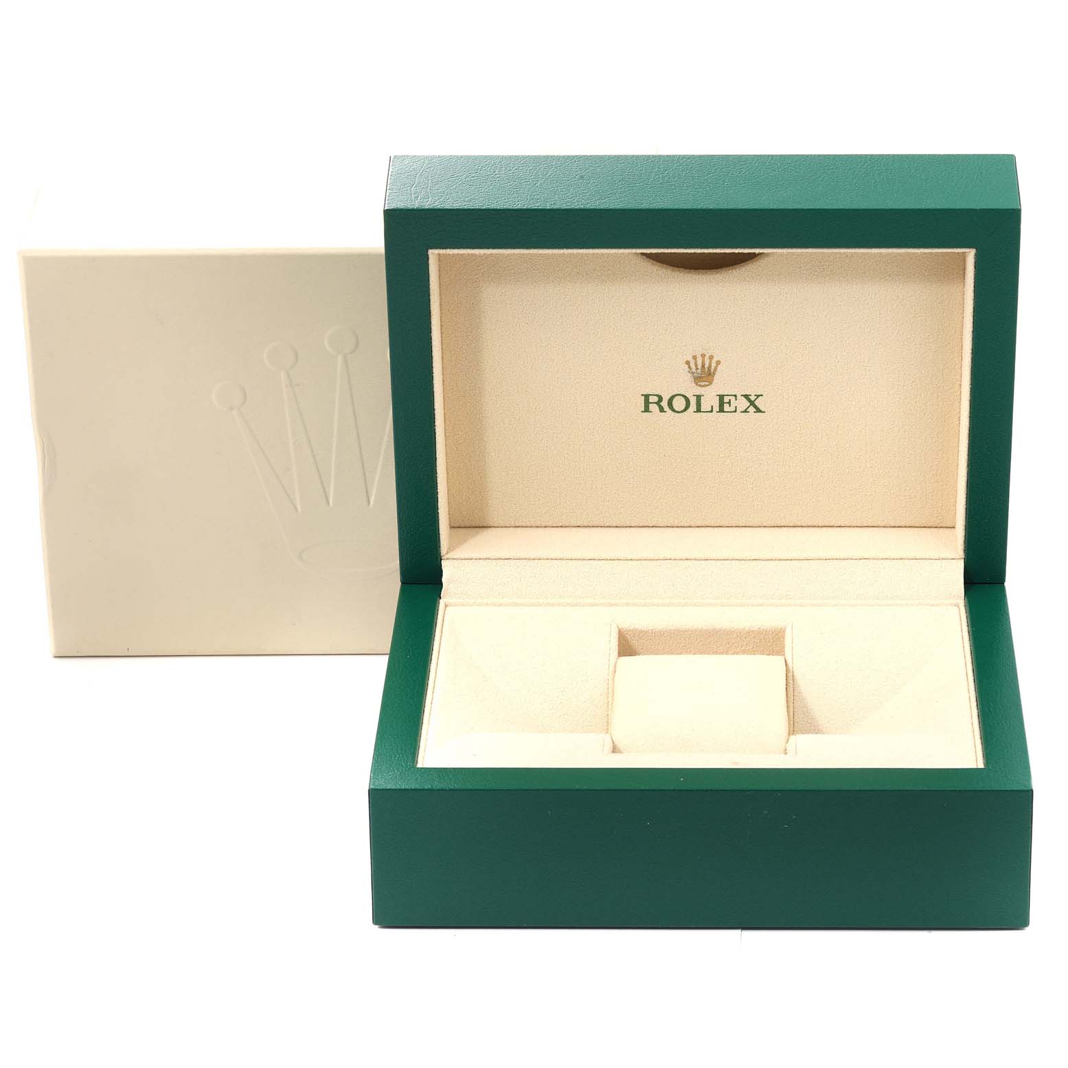 The image shows the open presentation box for a Rolex Datejust 41 126334 Men
s Stainless Steel Silver Dial 126334 Men
s Stainless Steel Silver Dial watch, featuring a green outer shell and a beige interior.